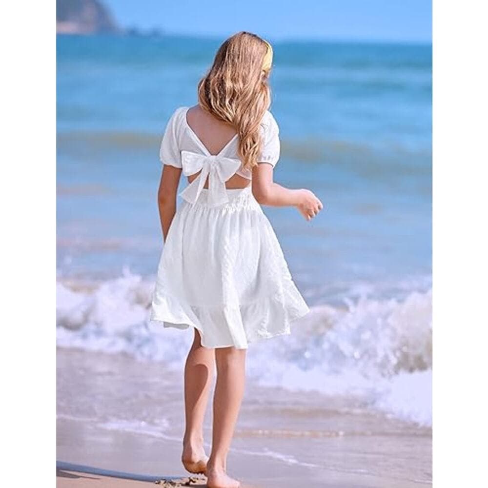 Arshiner Girls Short Sleeve Ruffle Hem Off Shoulder Tie Back Dress - 14 Year - Thumbnail 7