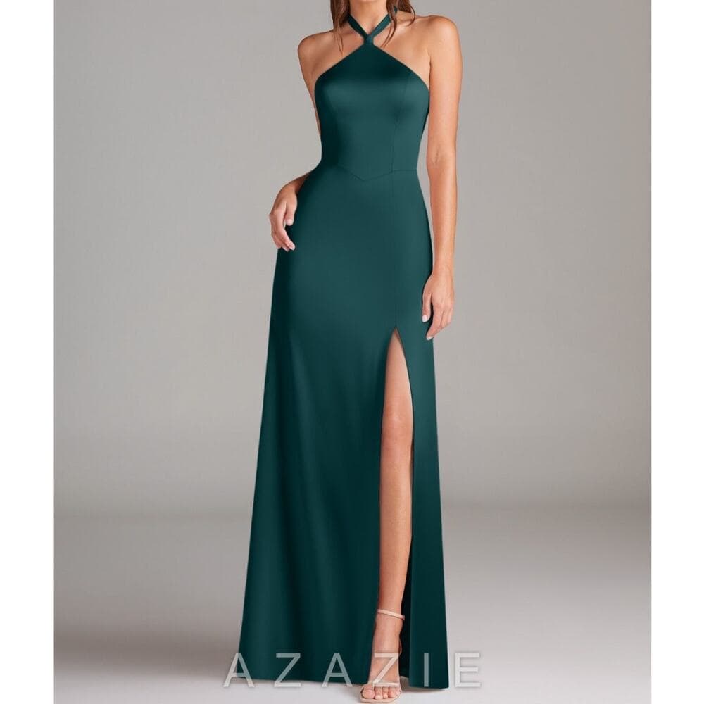 Azazie - Elliana Stretch Pine Sheath Side Slit Stretch Satin Dress -A8 A8 - Thumbnail 4