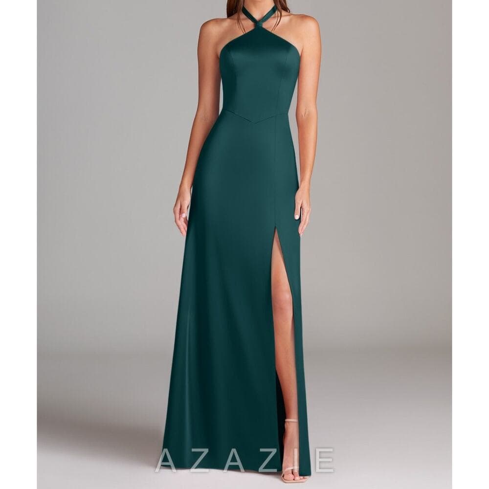 Azazie - Elliana Stretch Pine Sheath Side Slit Stretch Satin Dress -A8 A8 - Thumbnail 6