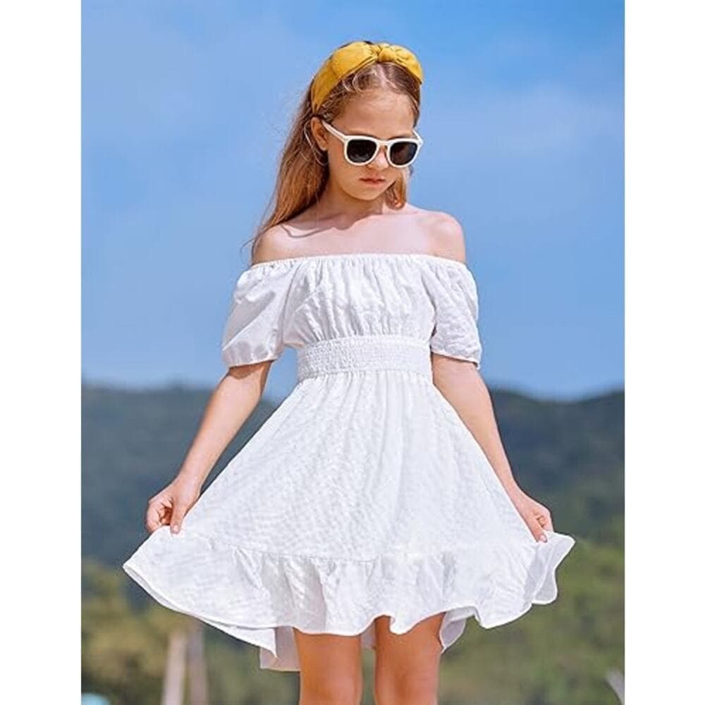 Arshiner Girls Short Sleeve Ruffle Hem Off Shoulder Tie Back Dress - 14 Year - Thumbnail 2