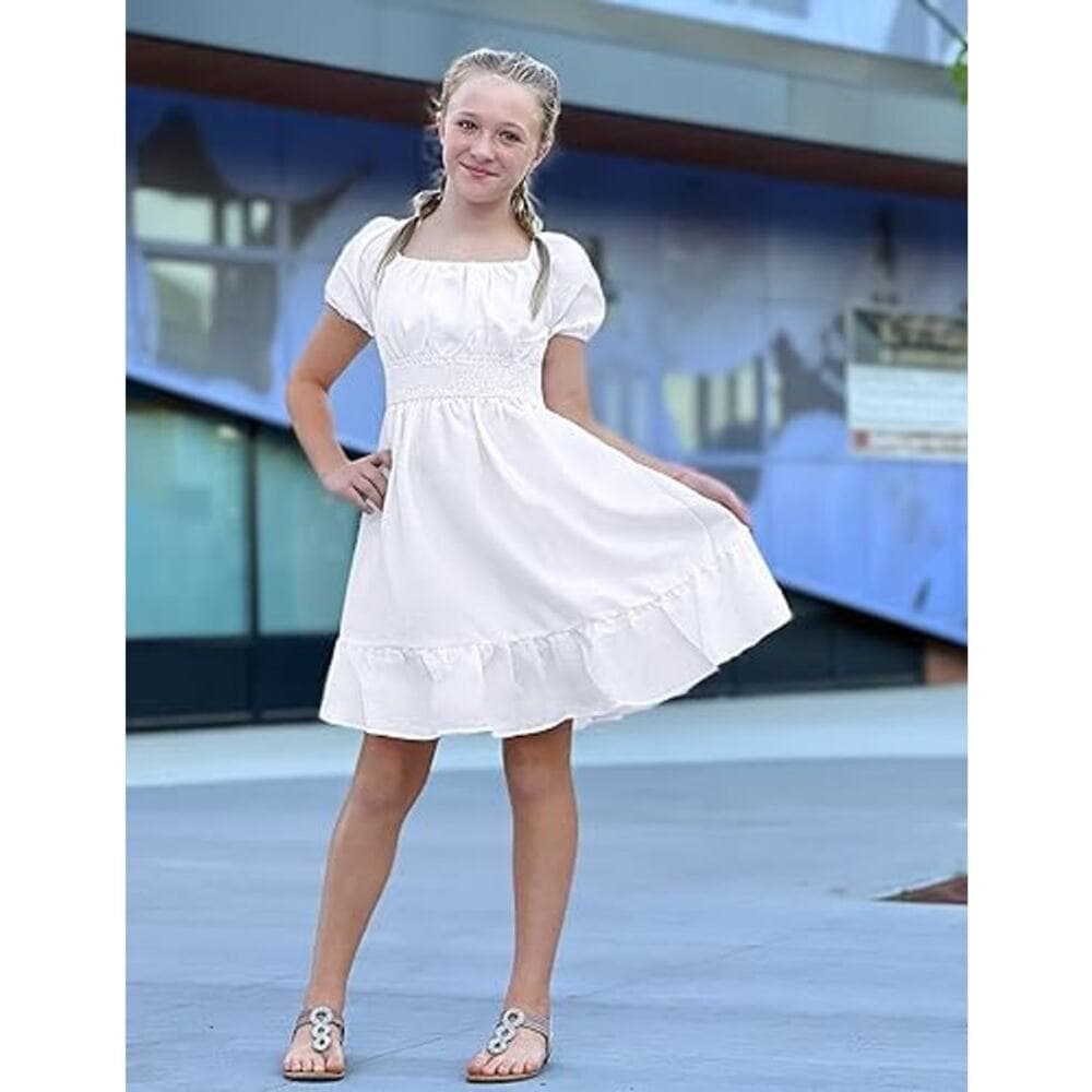 Arshiner Girls Short Sleeve Ruffle Hem Off Shoulder Tie Back Dress - 14 Year - Thumbnail 6