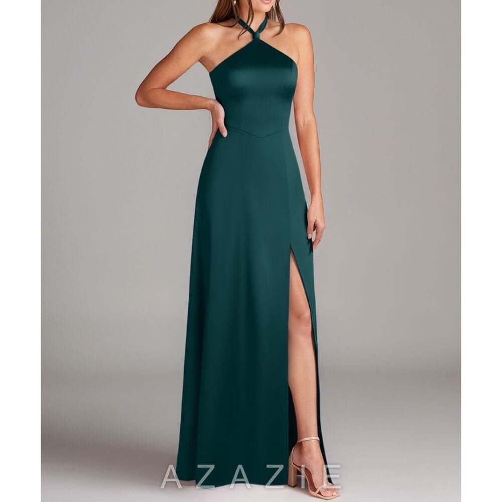 Azazie - Elliana Stretch Pine Sheath Side Slit Stretch Satin Dress -A8 A8 - Thumbnail 3
