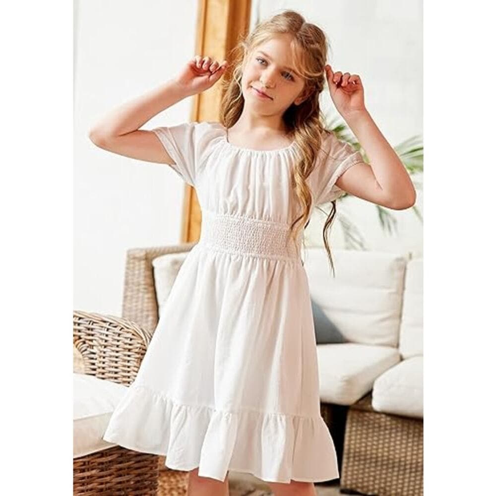 Arshiner Girls Short Sleeve Ruffle Hem Off Shoulder Tie Back Dress - 14 Year - Thumbnail 4
