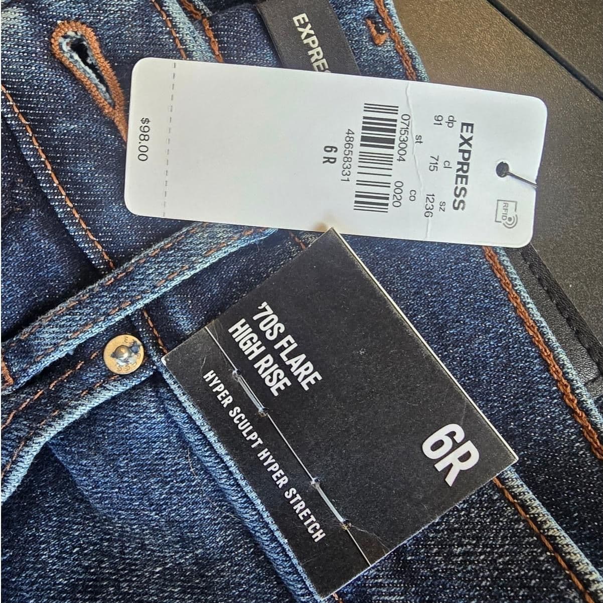 EXPRESS - Womens High Waisted Dark Wash Hyper Sculpt '70s Flare Jeans - 6R - 6R - 48658331 - Bottoms - new-with-tags - Express - Thumbnail 6