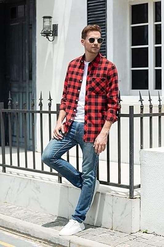 SANGTREE Men Long Sleeve Flannel Plaid Casual Shirts Red/Black- Med - NWT & NIP - M - Tops - new-with-tags - SANGTREE - Thumbnail 3