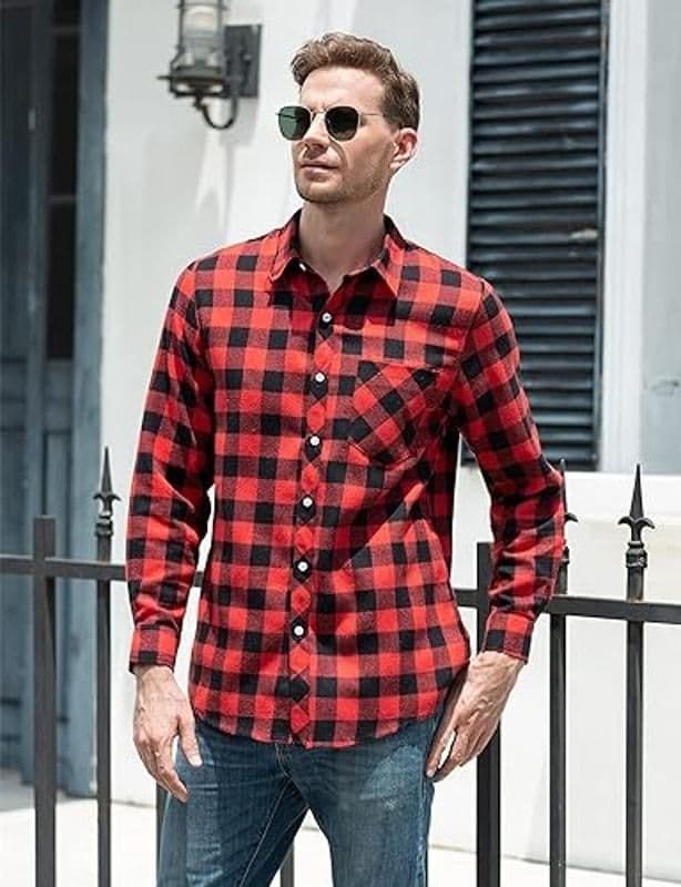 SANGTREE Men Long Sleeve Flannel Plaid Casual Shirts Red/Black- Med - NWT & NIP - M - Tops - new-with-tags - SANGTREE - Thumbnail 2