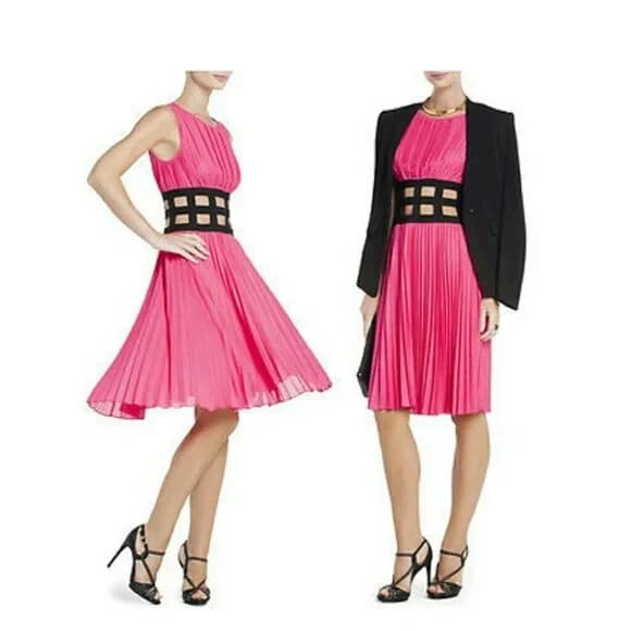BCBGMaxazria "Gisele" Hot Pink Dress Graduation MED Pleated Black Cage Waistband - Thumbnail 2