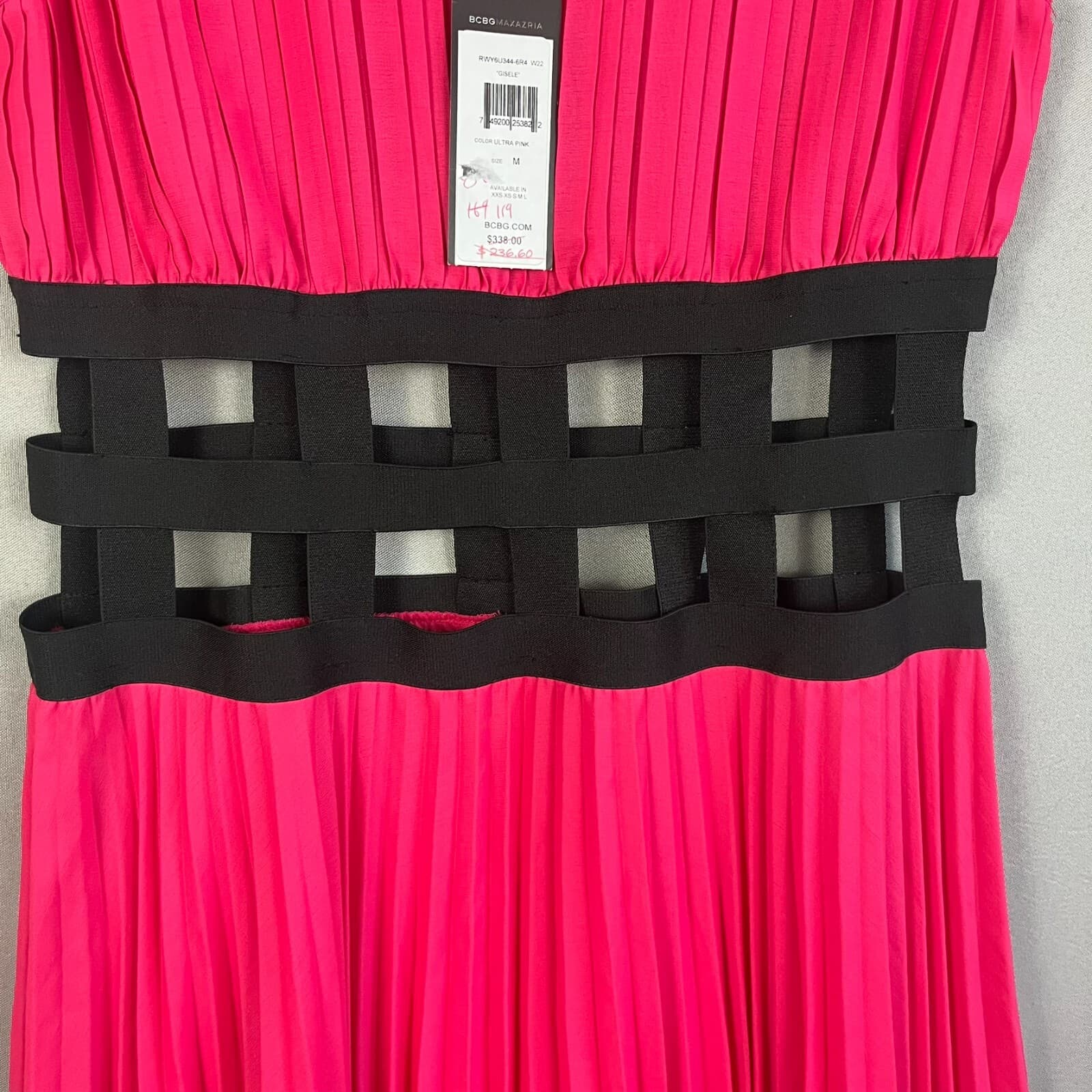 BCBGMaxazria "Gisele" Hot Pink Dress Graduation MED Pleated Black Cage Waistband - Thumbnail 4