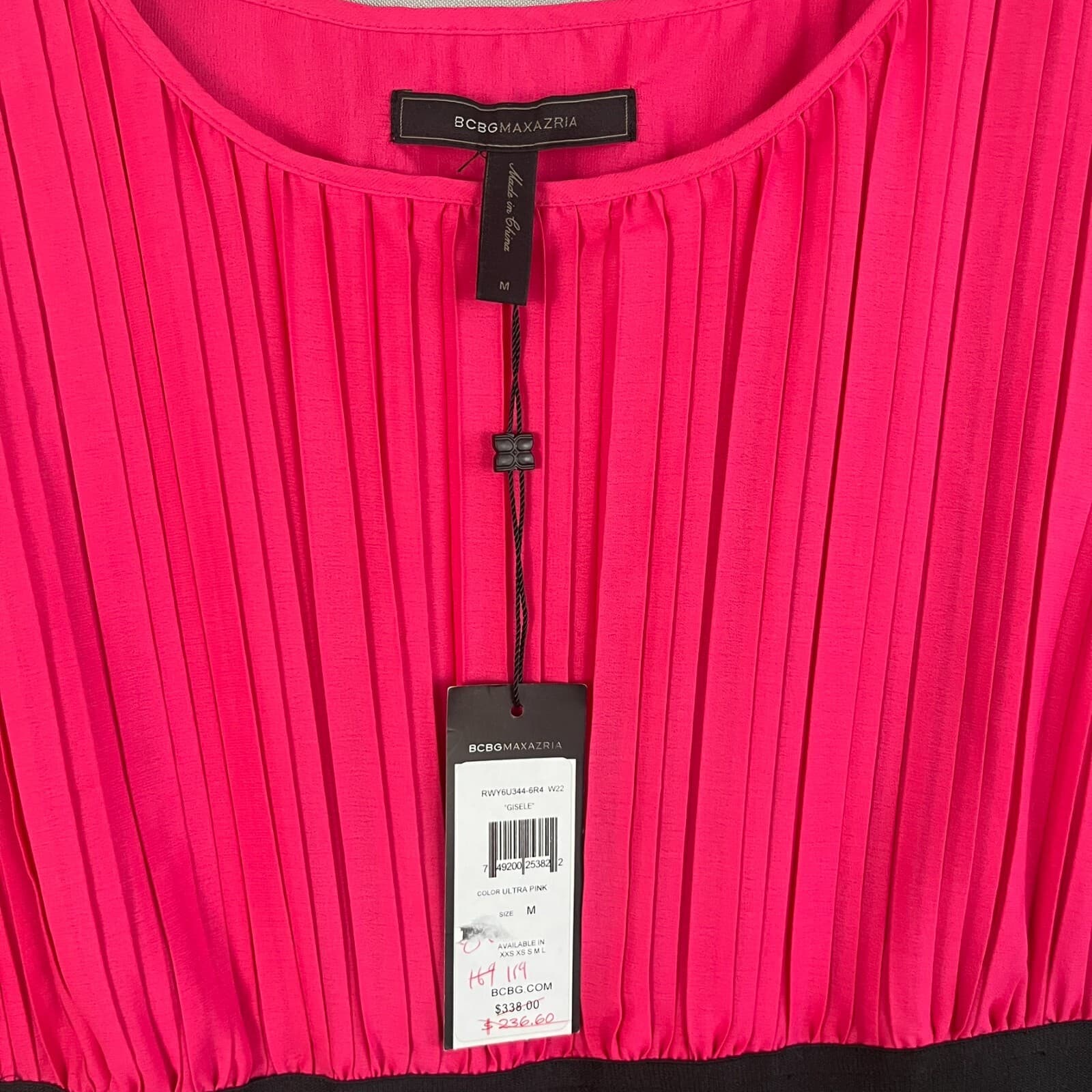 BCBGMaxazria "Gisele" Hot Pink Dress Graduation MED Pleated Black Cage Waistband - Thumbnail 3