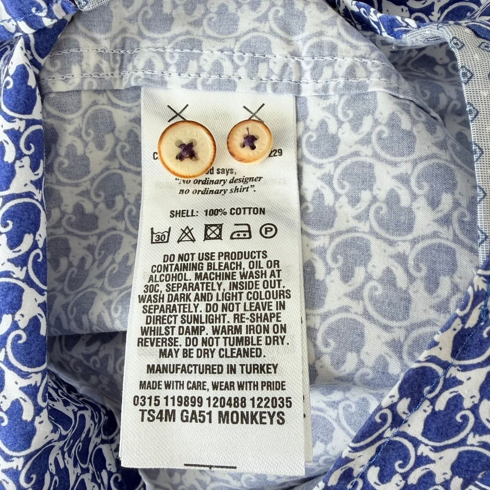Ted Baker London Shirt Size 5 (XL) Blue Monkeys Pattern 100% Cotton Short Sleeve - Thumbnail 7