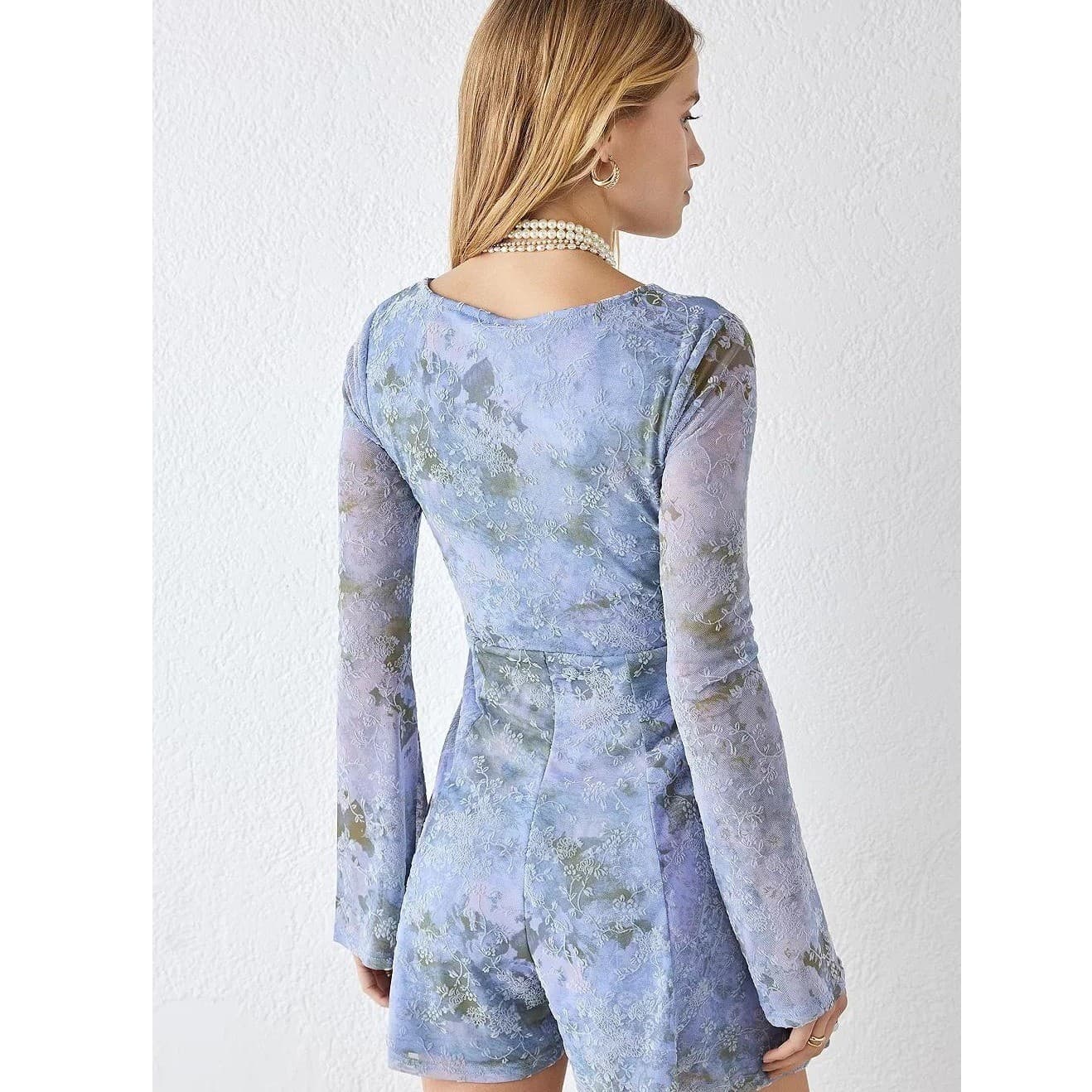 Urban Outfitters Blue Eva Mesh Playsuit Romper Bell Sleeve Coquette Babydoll - Thumbnail 3