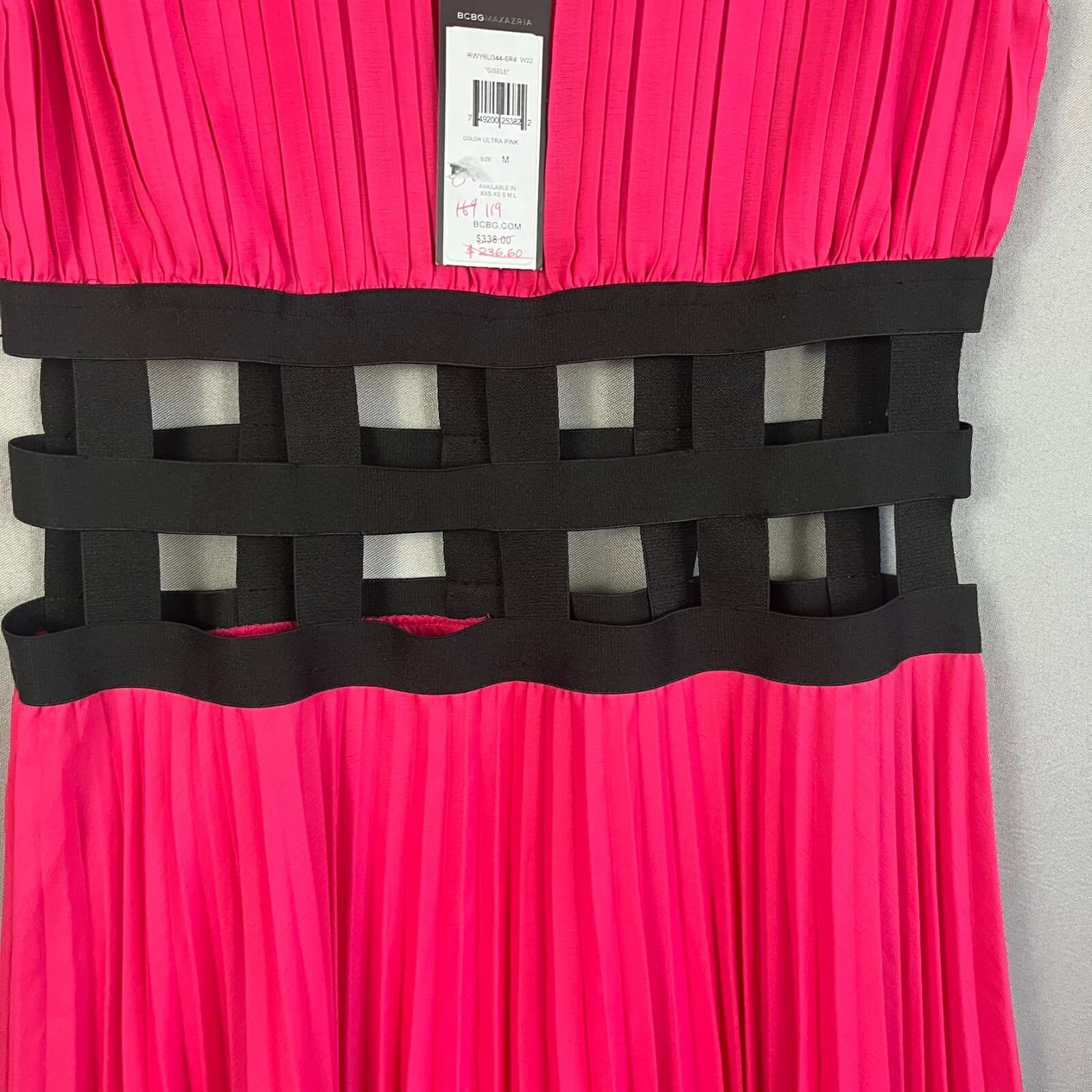 BCBGMaxazria "Gisele" Hot Pink Dress Graduation MED Pleated Black Cage Waistband - Thumbnail 5
