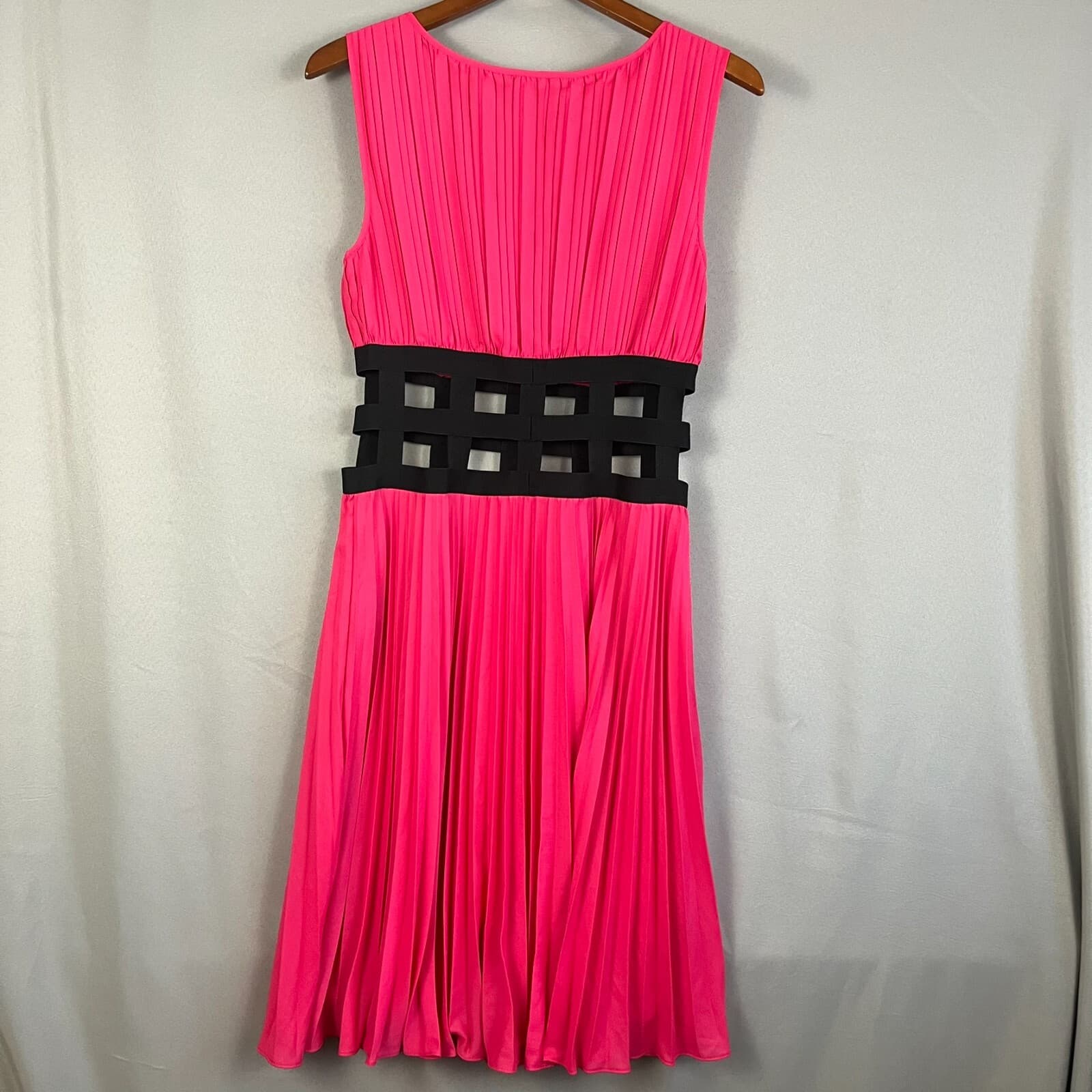 BCBGMaxazria "Gisele" Hot Pink Dress Graduation MED Pleated Black Cage Waistband - Thumbnail 7