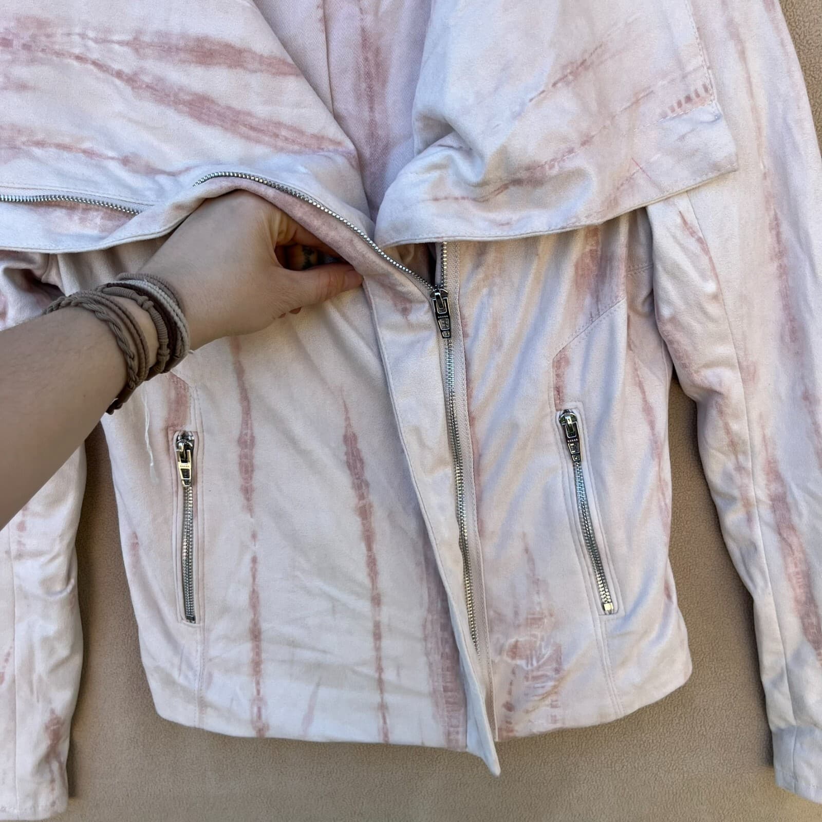 Blank NYC Pink Tie SMALL Feminine Moto Jacket Marble Faux Suede Draped Front Zip - Thumbnail 3