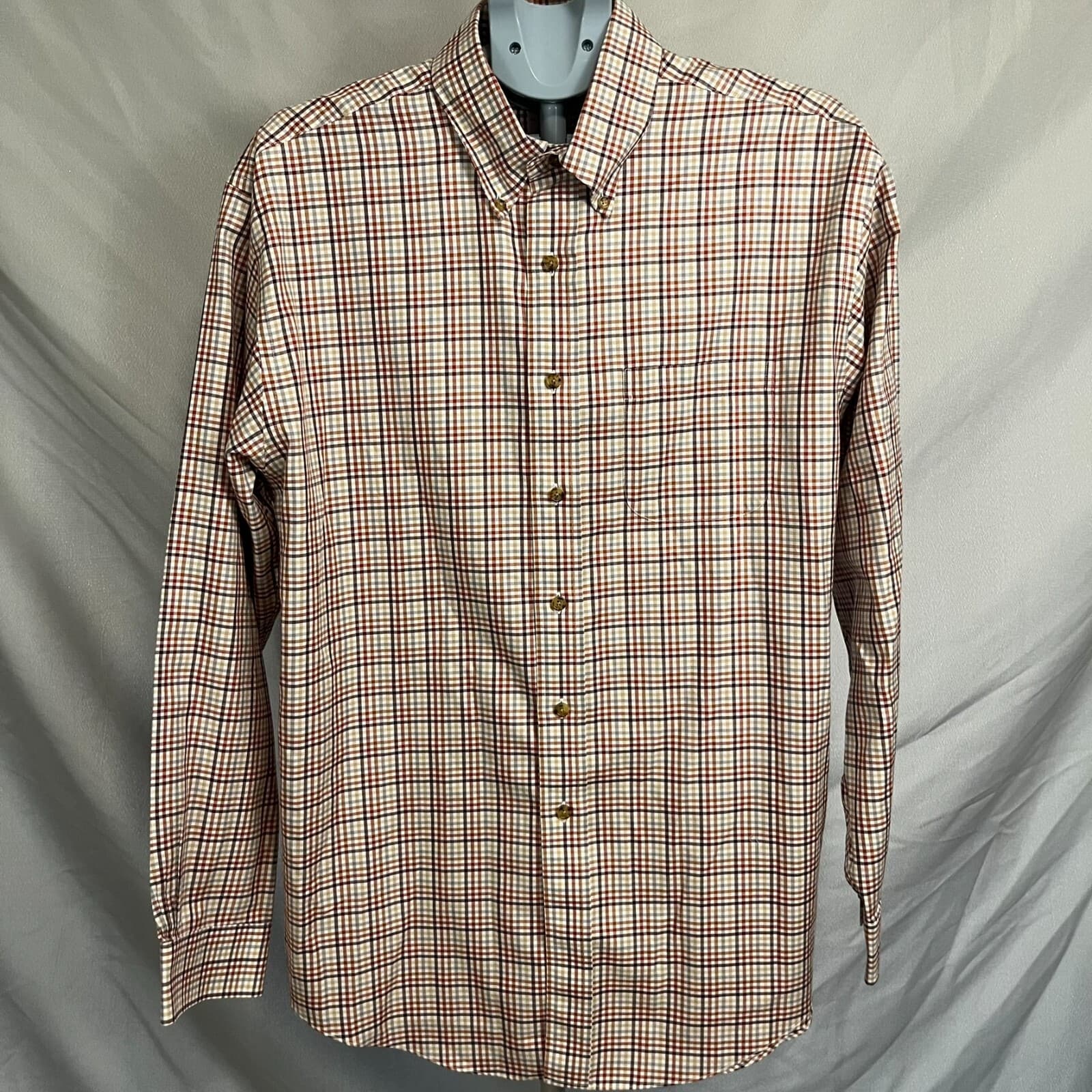 Brooks Brother Shirt Men Large Orange Brown Plaid Cotton Long Sleeve Button Down - Thumbnail 2