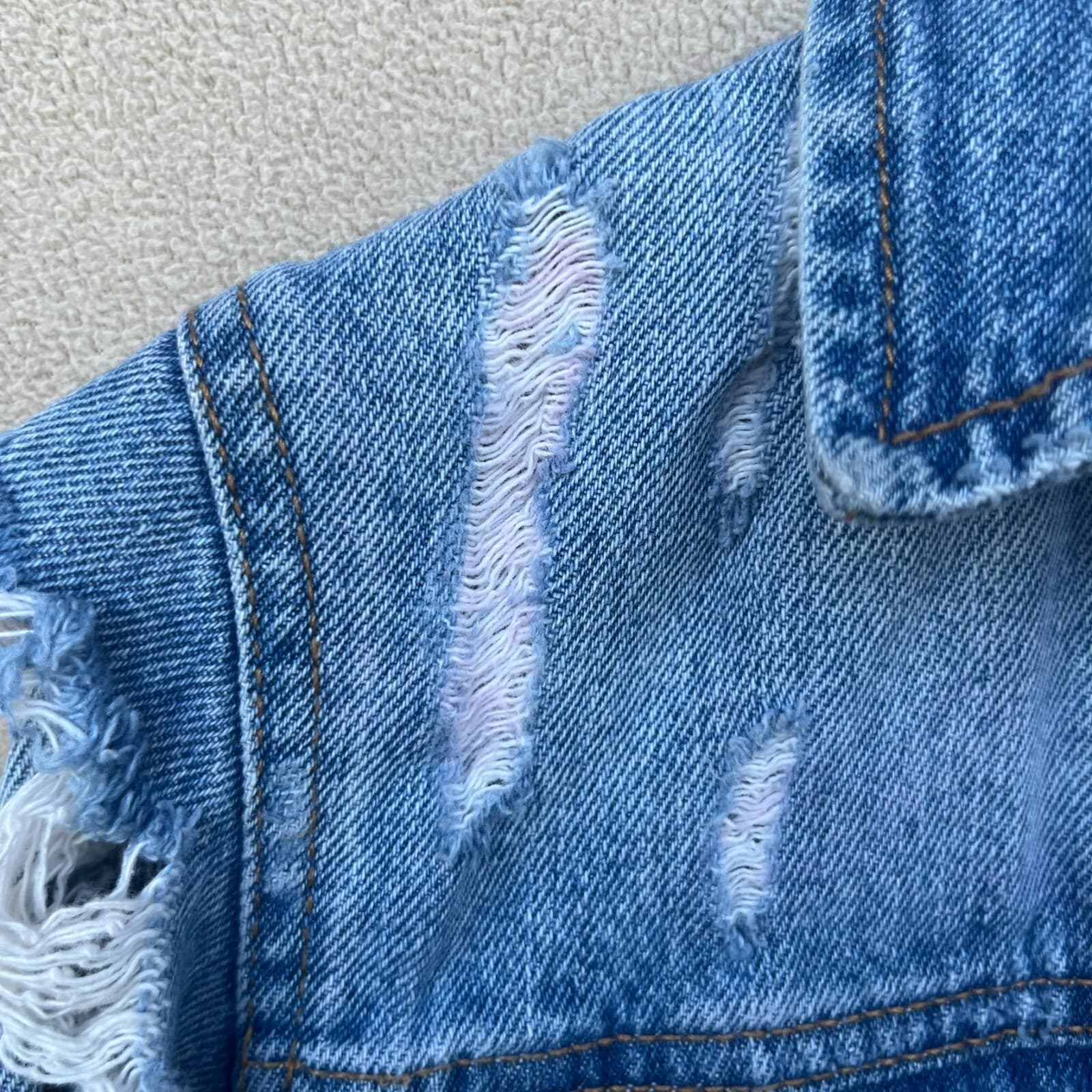 Zara Women's Trafaluc Denim Wear Distressed Ripped Jean Trucker Jacket Up SMALL - Thumbnail 4