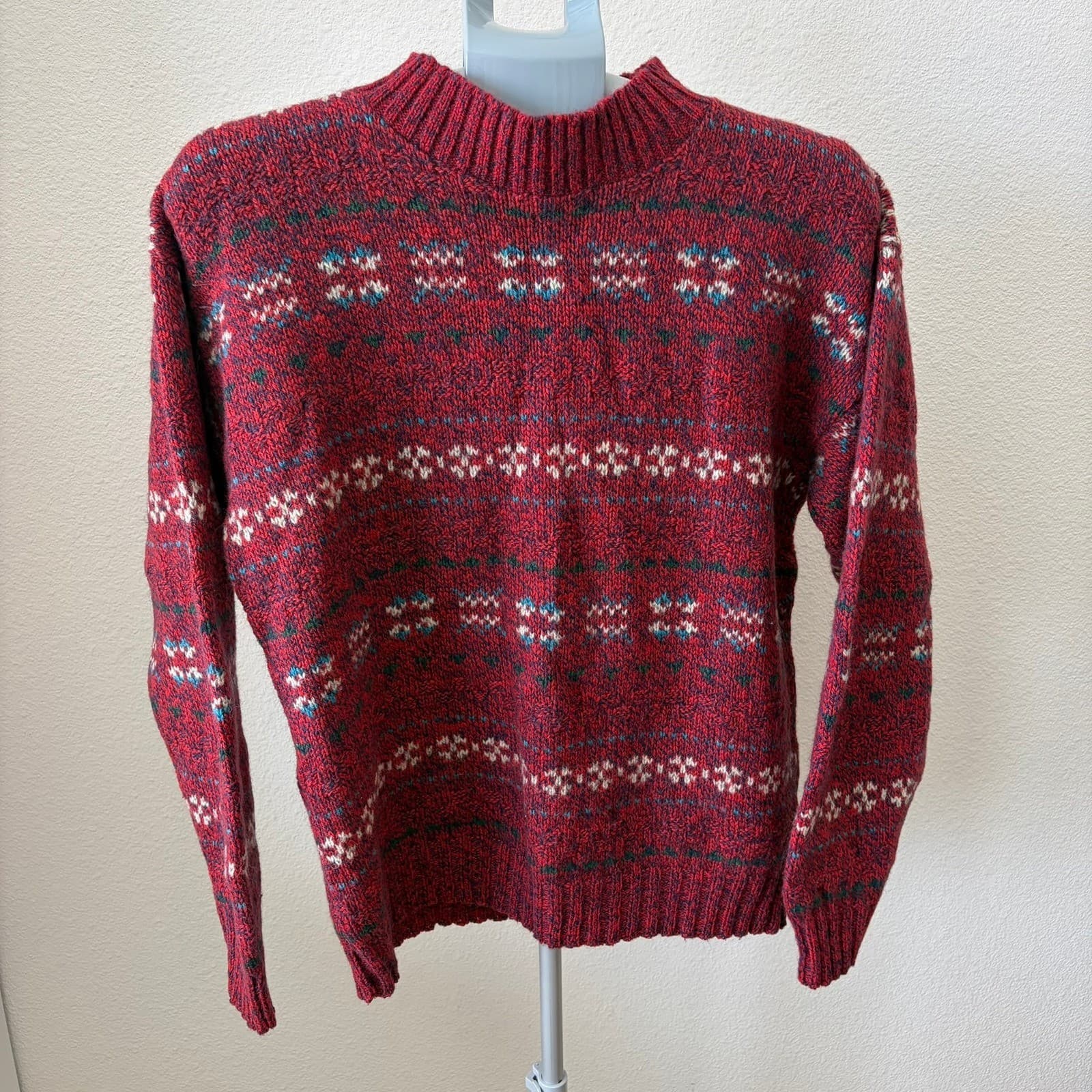 American Eagle Sweater Women Large Red Fair Isle Wool Blend Vintage Mock Neck - Thumbnail 5
