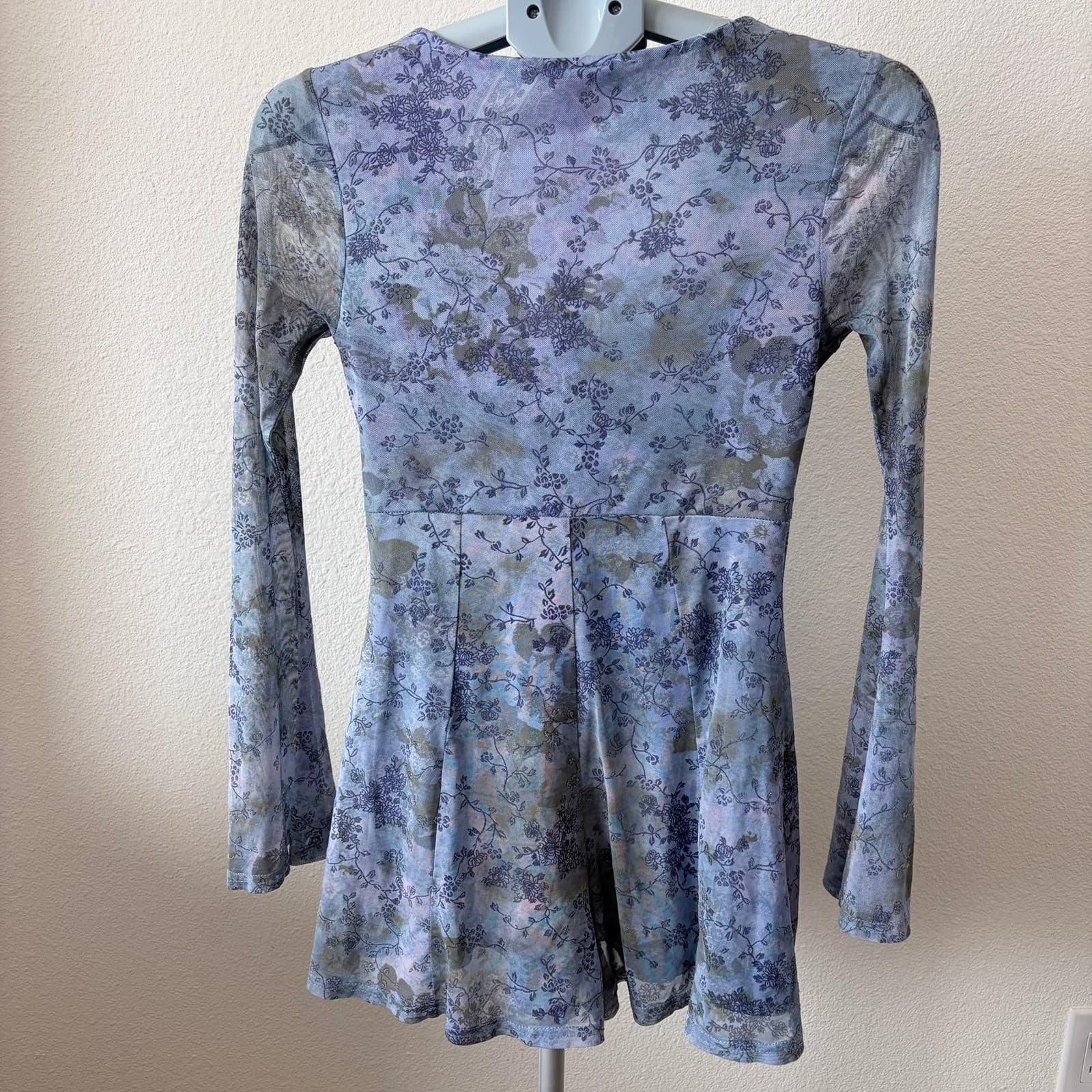 Urban Outfitters Blue Eva Mesh Playsuit Romper Bell Sleeve Coquette Babydoll - Thumbnail 4