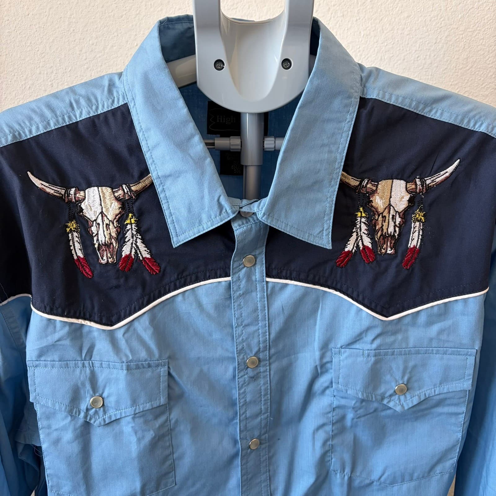 High Noon Western Snap Shirt Mens 2XL Blue Embroidered Bull Skull Long Sleeve - Thumbnail 2