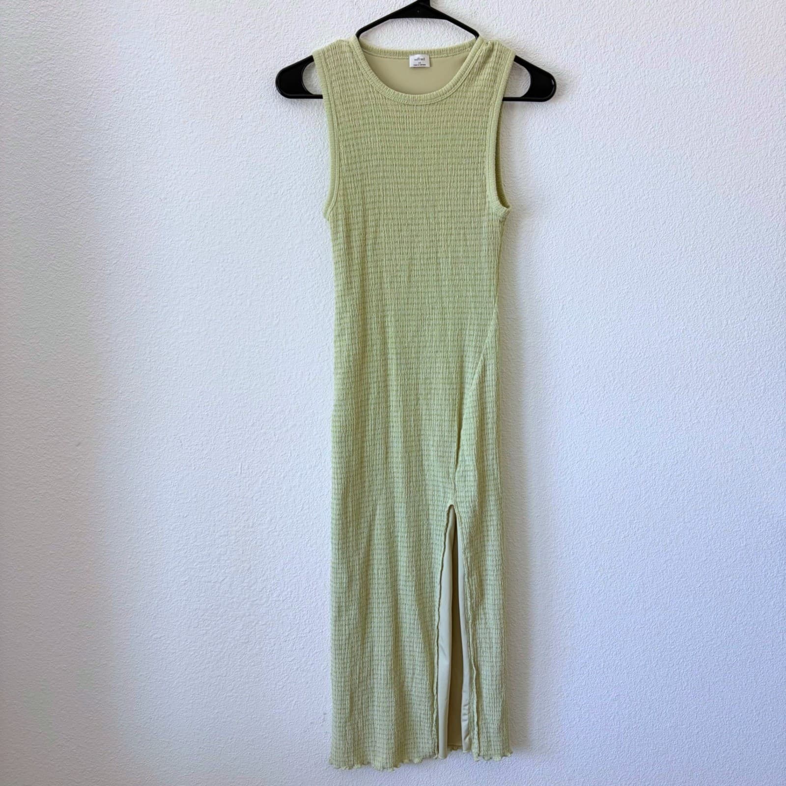 Wilfred Aritzia Verona Seersucker Textured Midi Dress Green Sleeveless Slit XS - Thumbnail 2