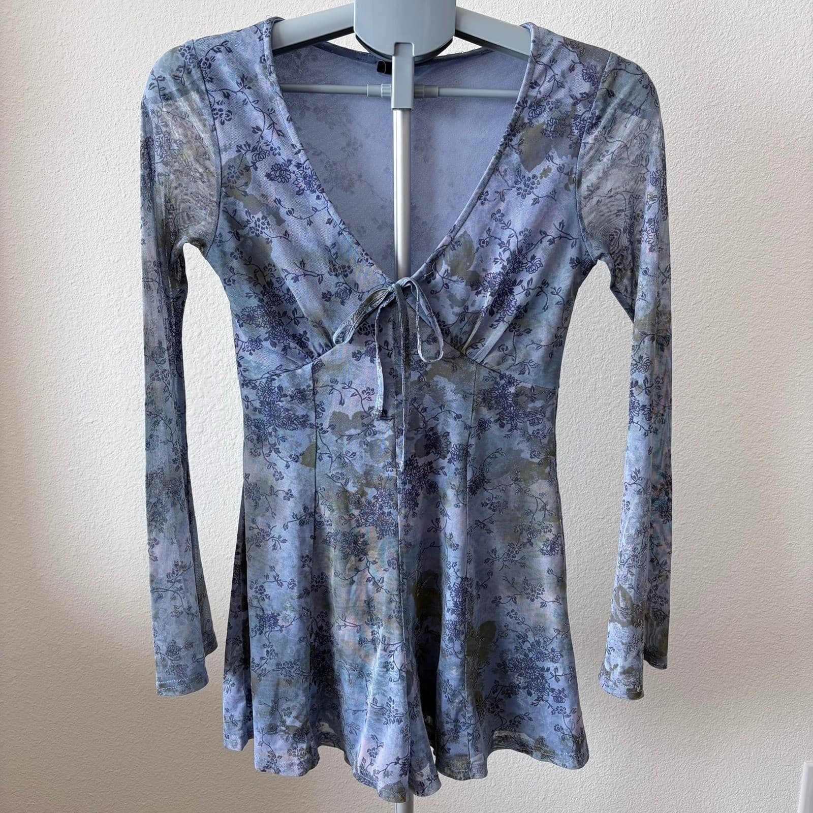 Urban Outfitters Blue Eva Mesh Playsuit Romper Bell Sleeve Coquette Babydoll - Thumbnail 2