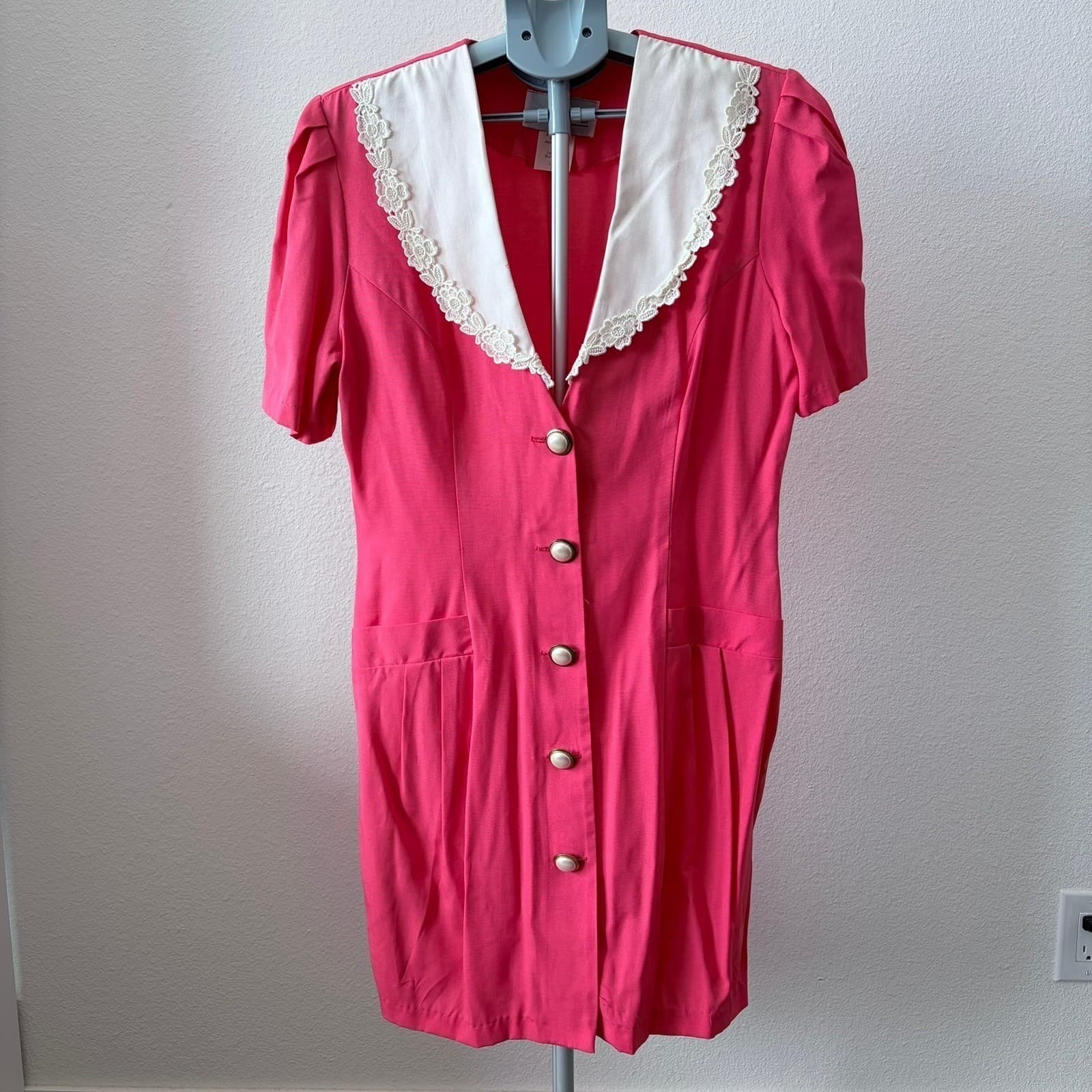 Young Edwardian Vintage Pink Lace Collar Button Front Mini Dress Size 13 Pin Up - Thumbnail 2