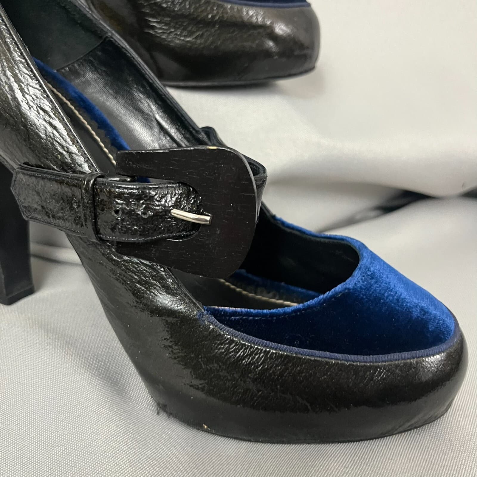 Gothic Vamp Mary Jane Shoes Women's Pump 41 Black Leather Velour Buckle Strap - Thumbnail 2