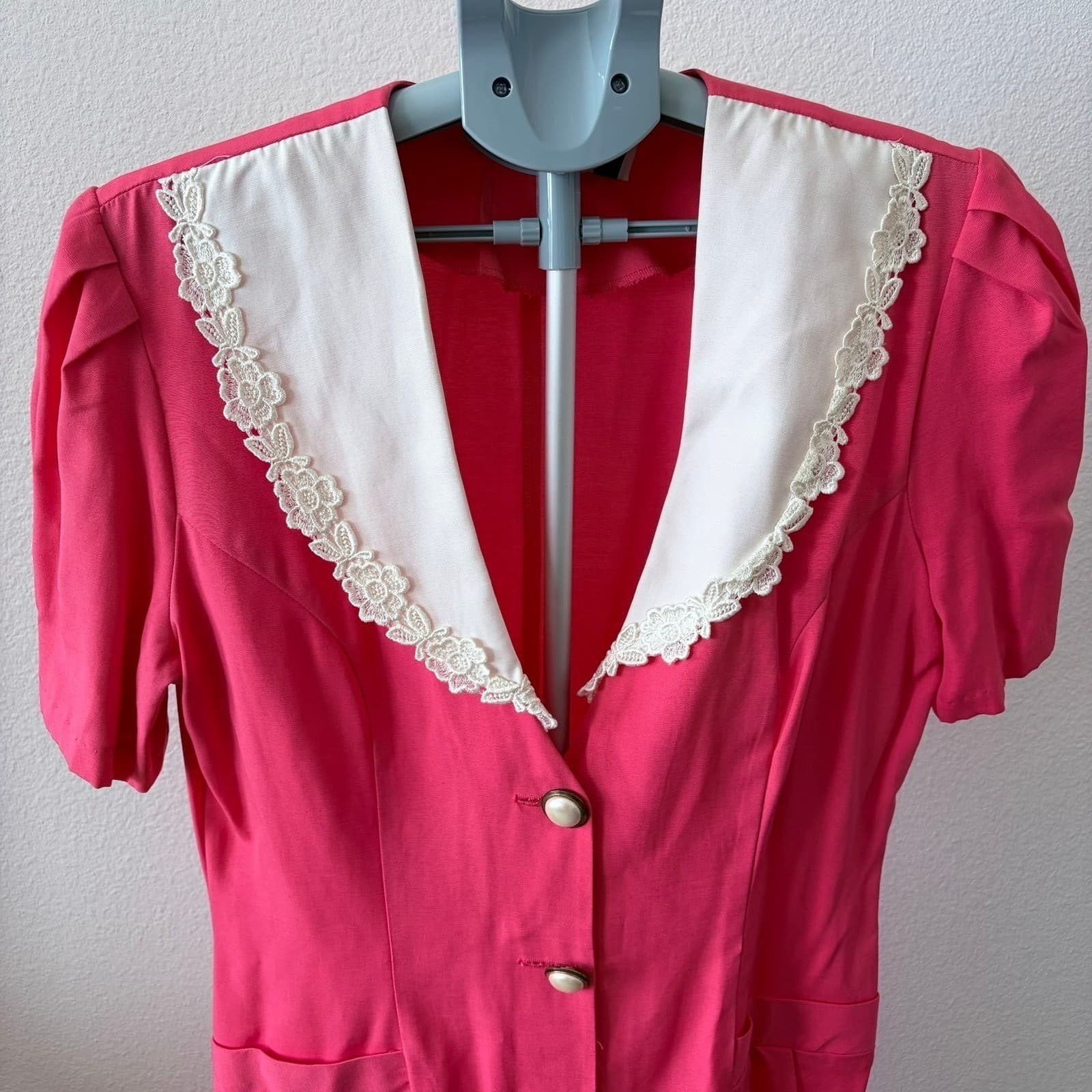 Young Edwardian Vintage Pink Lace Collar Button Front Mini Dress Size 13 Pin Up - Thumbnail 7