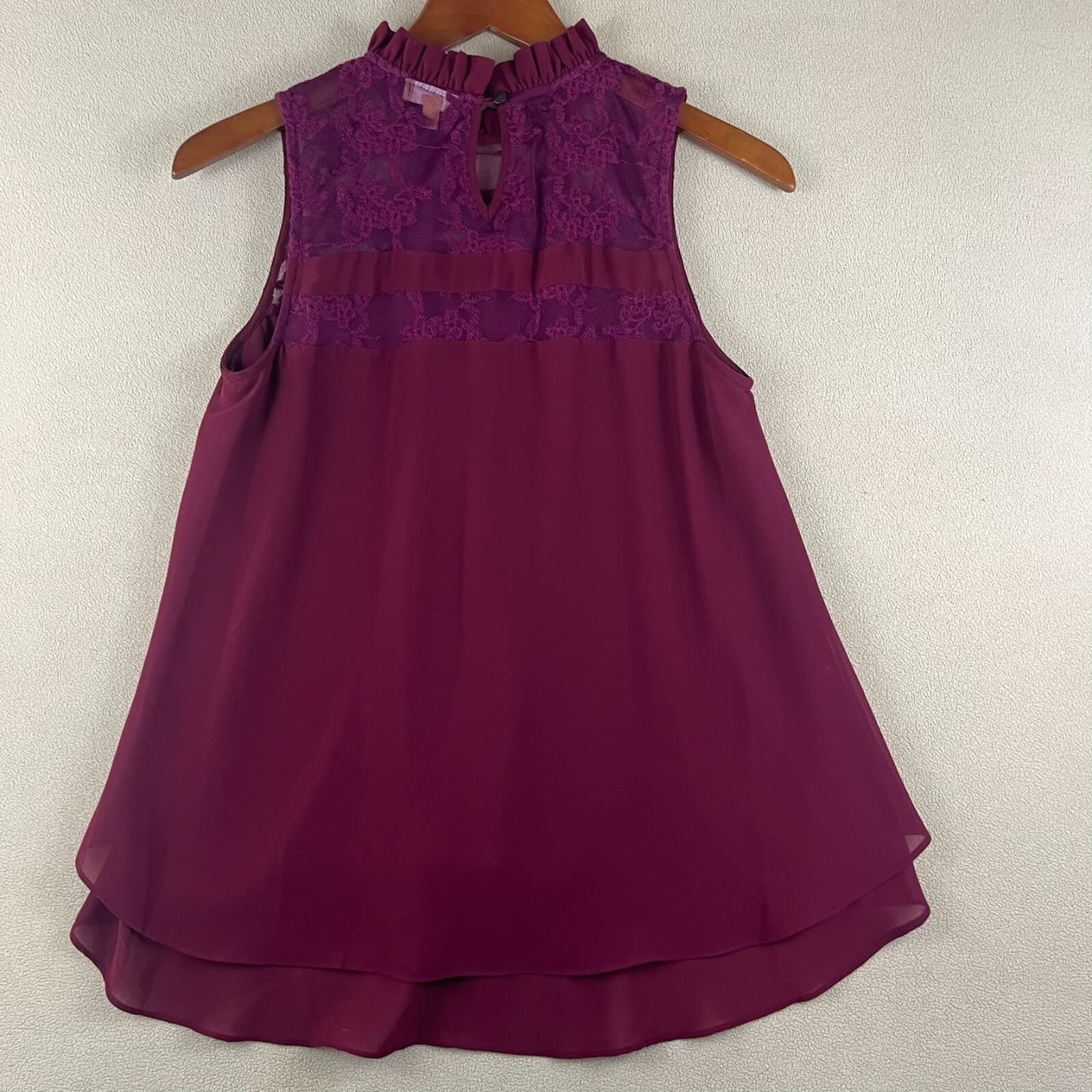 Takara Womens Top Medium Maroon Keyhole Ruffle Neck Lace Panel Tiered Bridgerton - Thumbnail 4