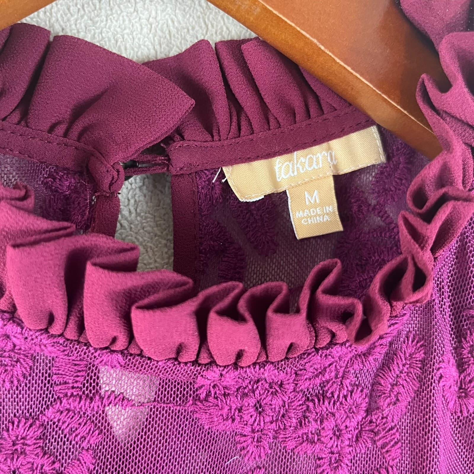 Takara Womens Top Medium Maroon Keyhole Ruffle Neck Lace Panel Tiered Bridgerton - Thumbnail 2