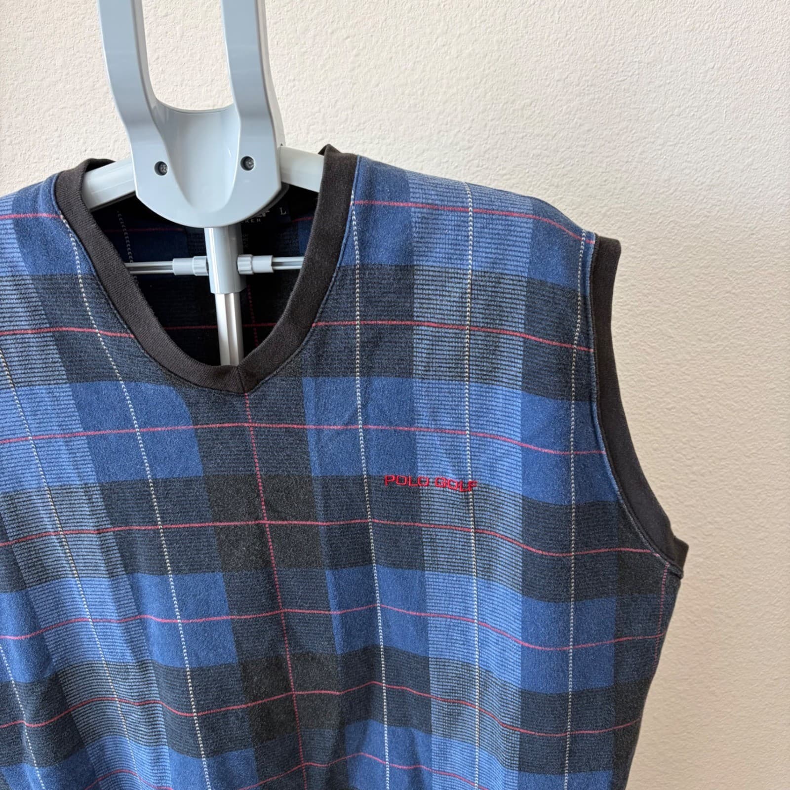 Polo Golf Ralph Lauren Sweater Vest Men Large Blue Plaid V-Neck Cotton Vintage - Thumbnail 5