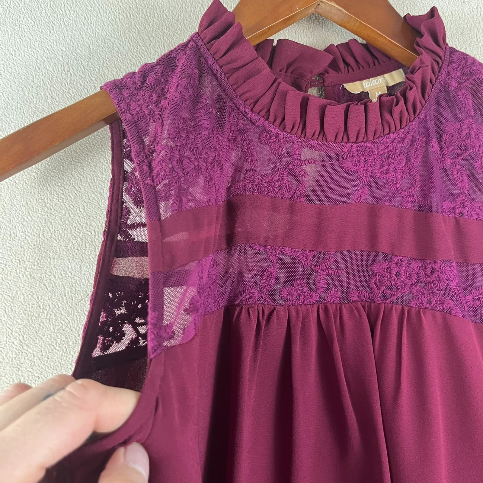 Takara Womens Top Medium Maroon Keyhole Ruffle Neck Lace Panel Tiered Bridgerton - Thumbnail 3