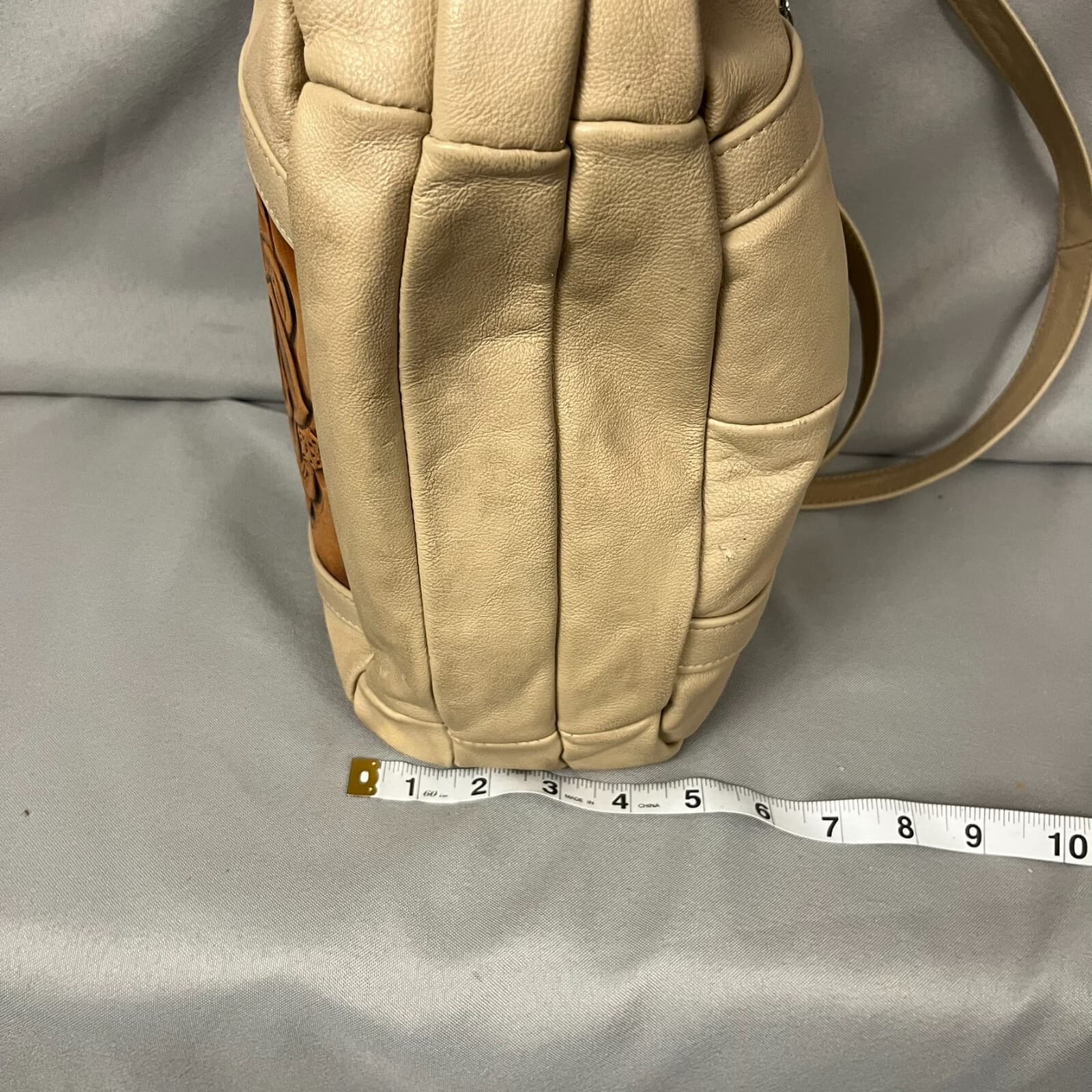Women's Handbag Tan Brown Leather Floral Embossed Double Handle Shoulder Bag - Thumbnail 8