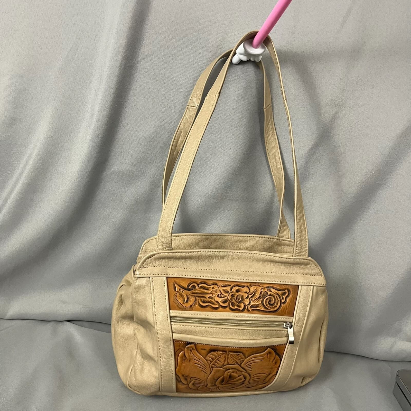 Women's Handbag Tan Brown Leather Floral Embossed Double Handle Shoulder Bag - Thumbnail 3
