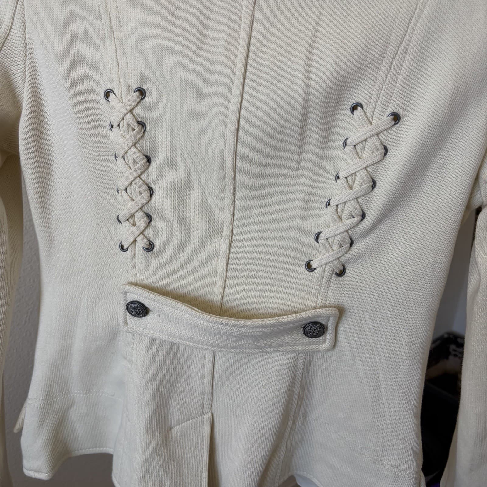 Free People We The Free Ivory Cream Moto Military Inspired Lace Up Jacket Sz 10 - Thumbnail 8