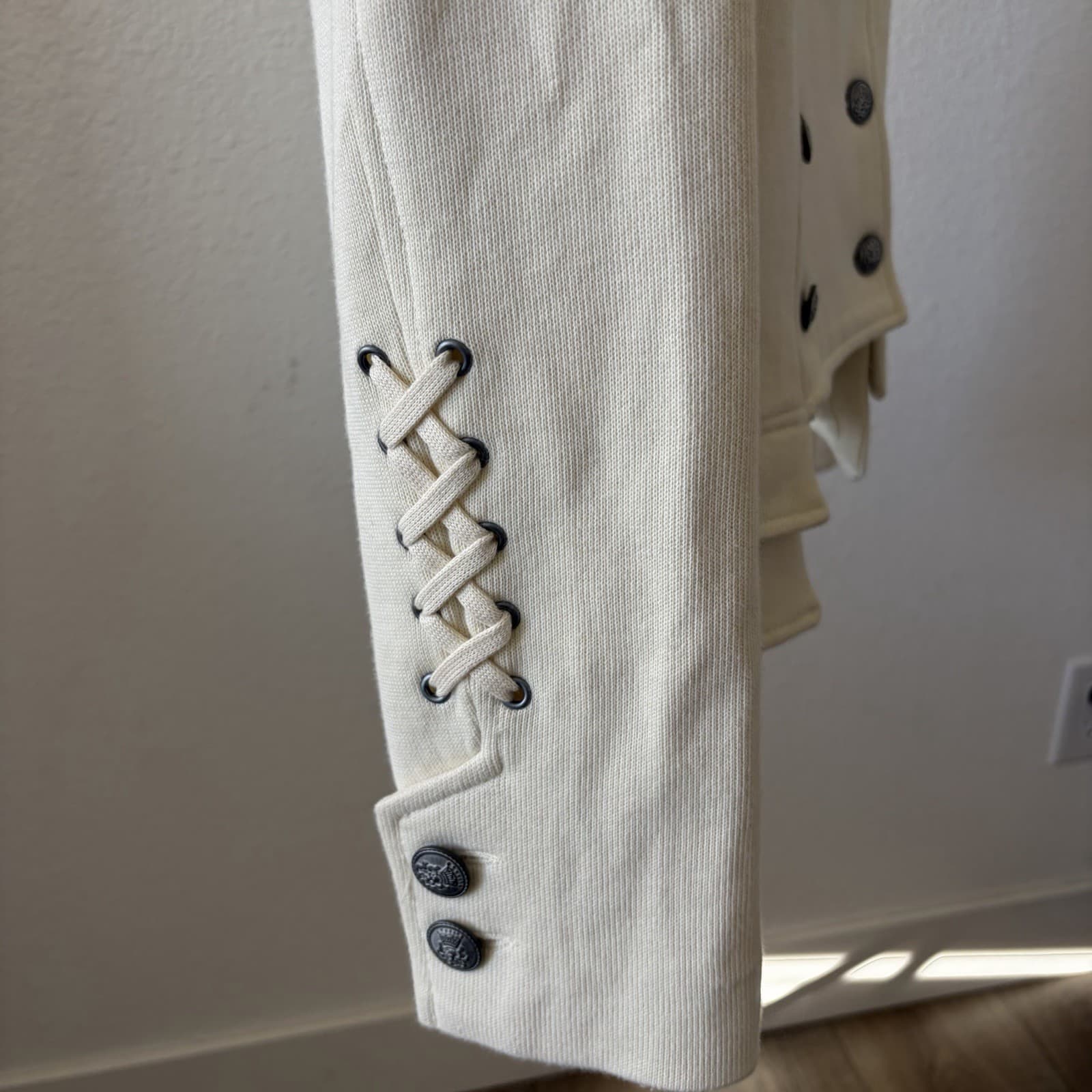 Free People We The Free Ivory Cream Moto Military Inspired Lace Up Jacket Sz 10 - Thumbnail 7