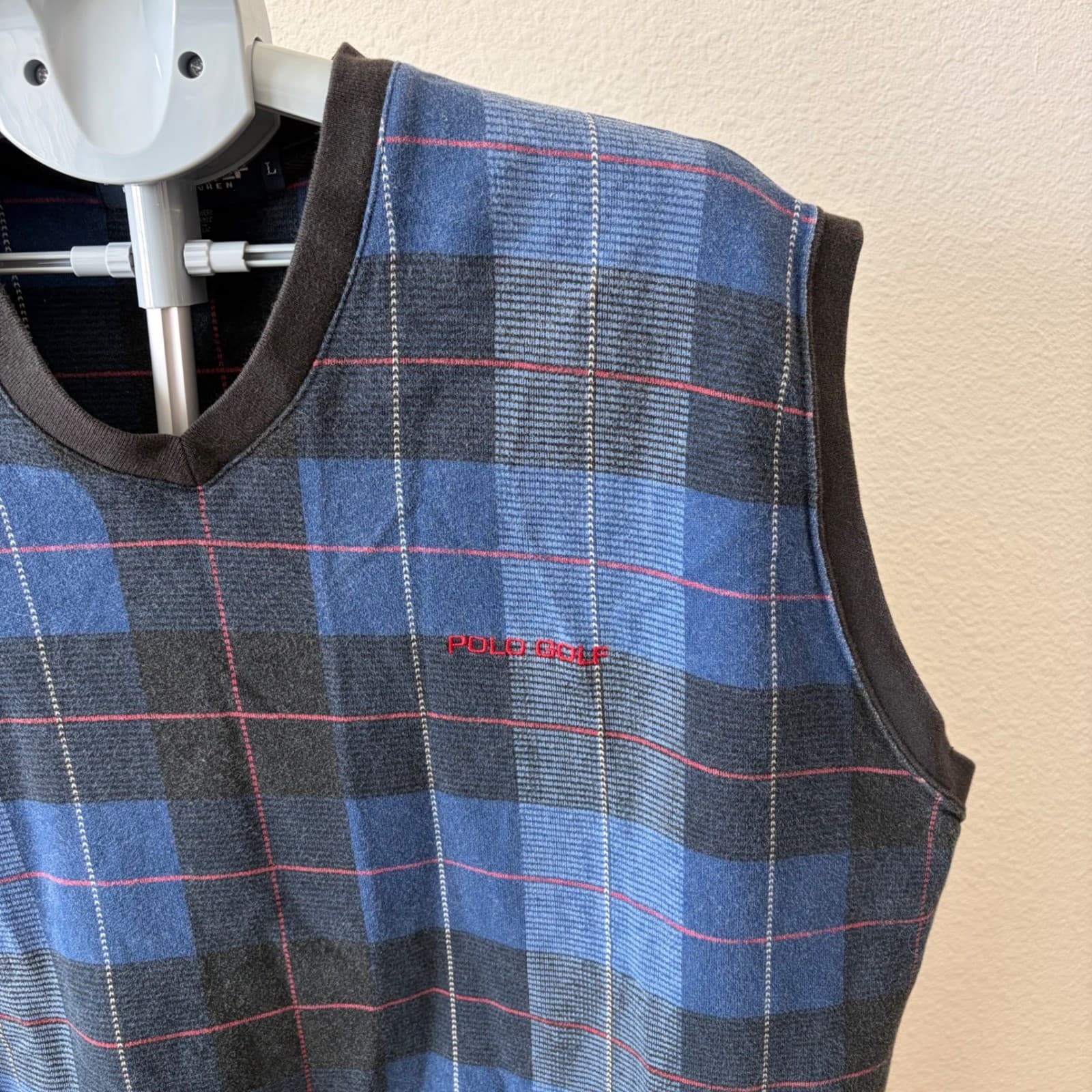 Polo Golf Ralph Lauren Sweater Vest Men Large Blue Plaid V-Neck Cotton Vintage - Thumbnail 3