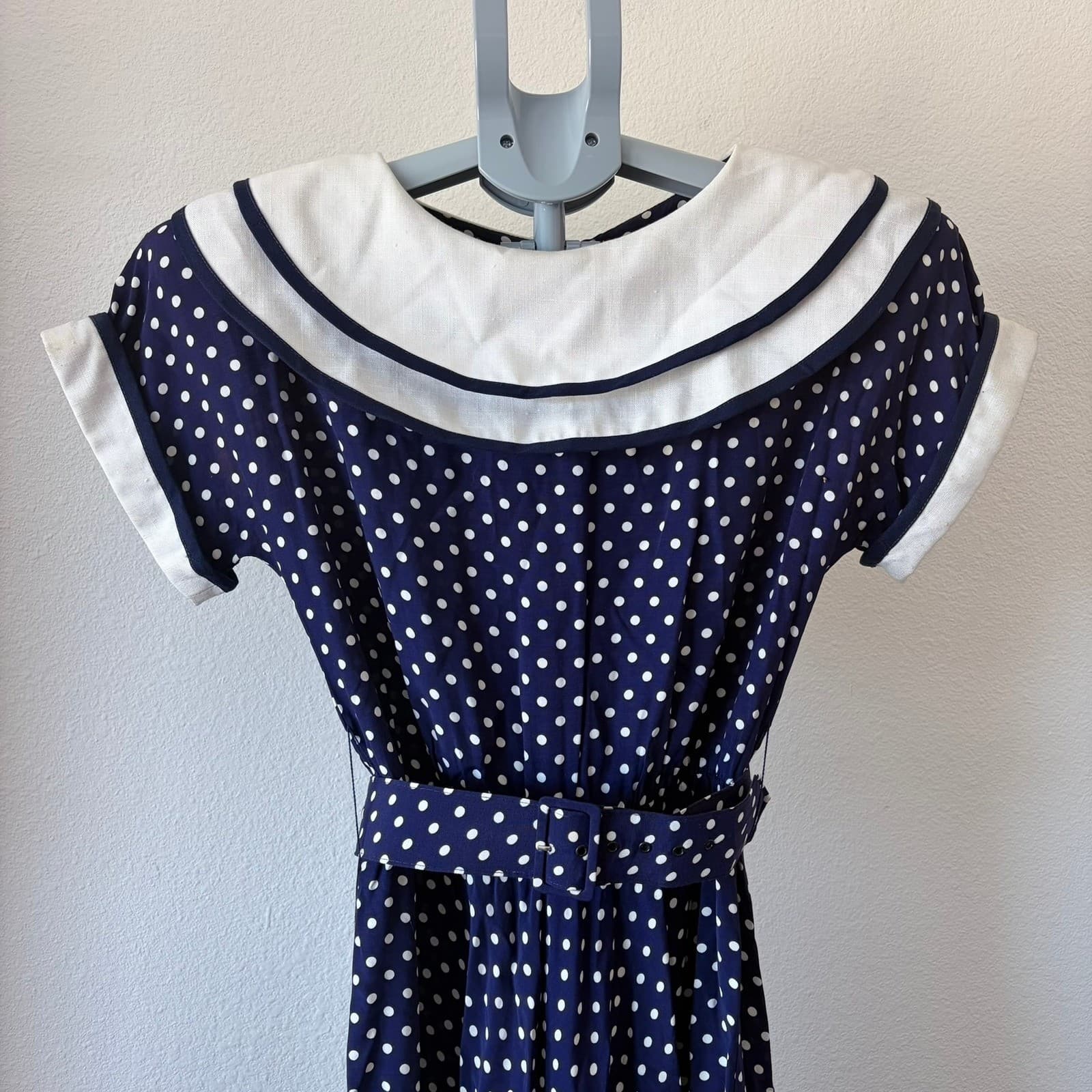 Vintage Polka Dot Sailor Dress Navy Blue White ILGWU USA Sz 6 Pin Up Rockabilly - Thumbnail 7
