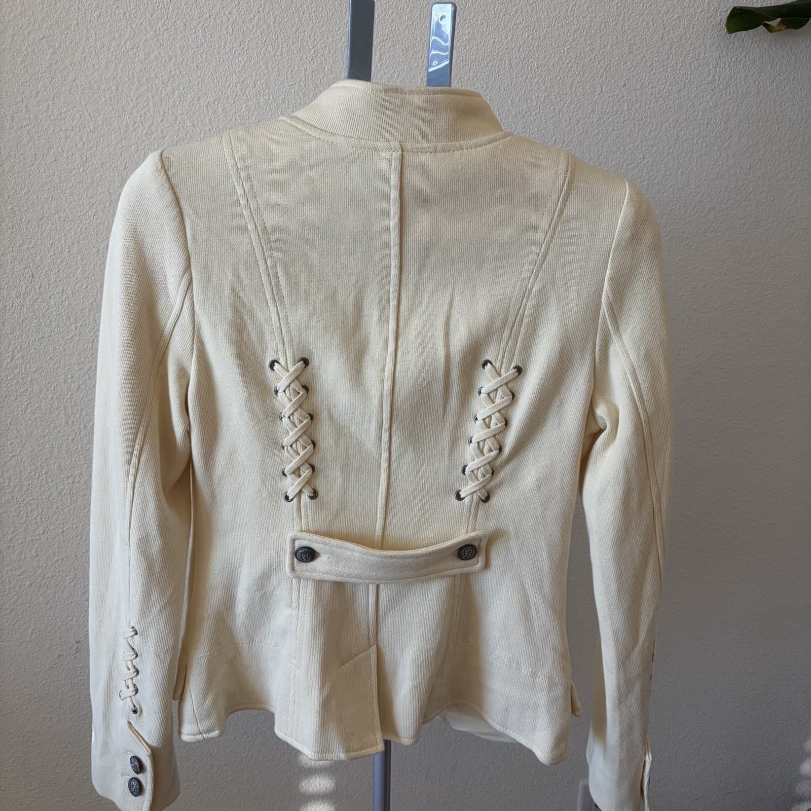 Free People We The Free Ivory Cream Moto Military Inspired Lace Up Jacket Sz 10 - Thumbnail 4