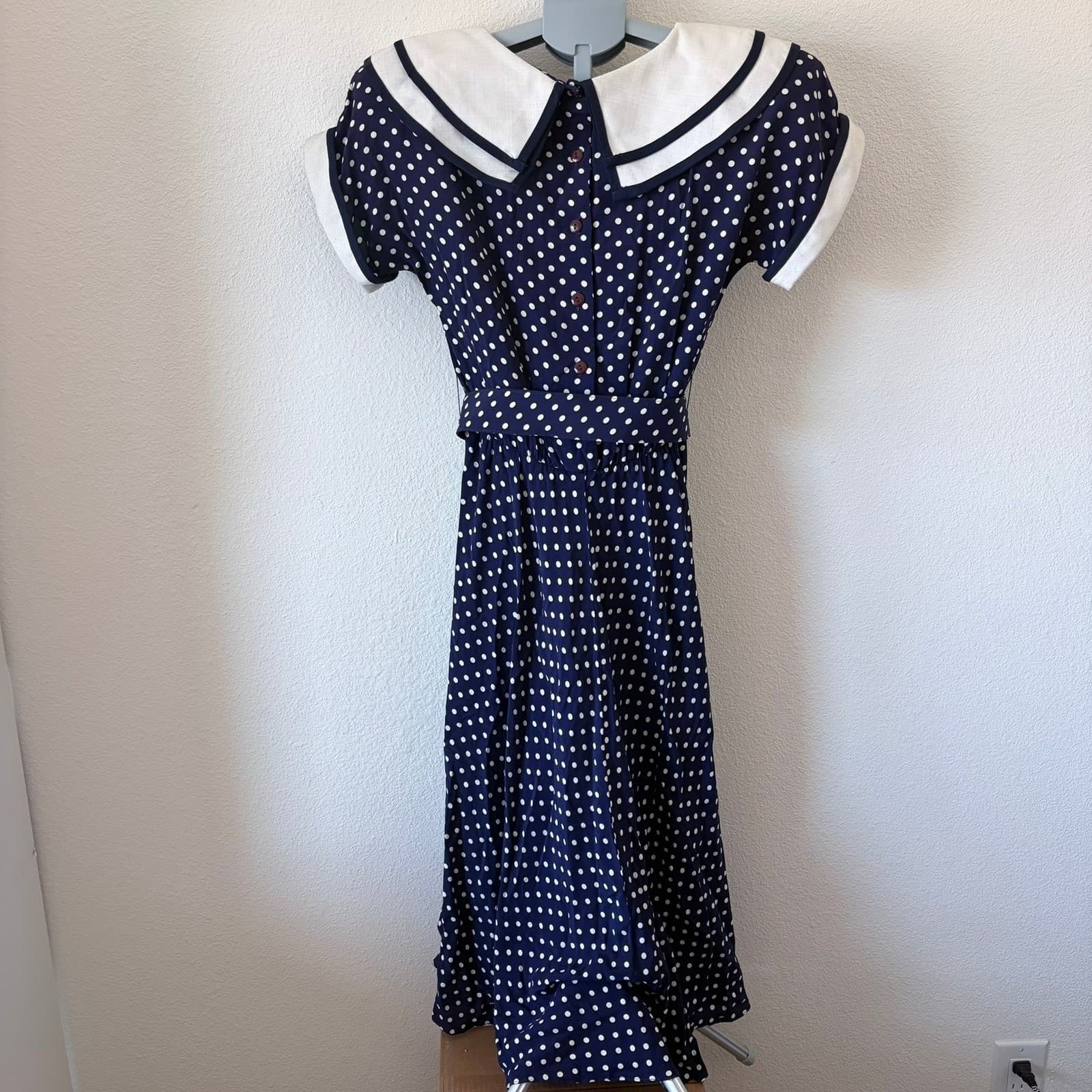 Vintage Polka Dot Sailor Dress Navy Blue White ILGWU USA Sz 6 Pin Up Rockabilly - Thumbnail 3