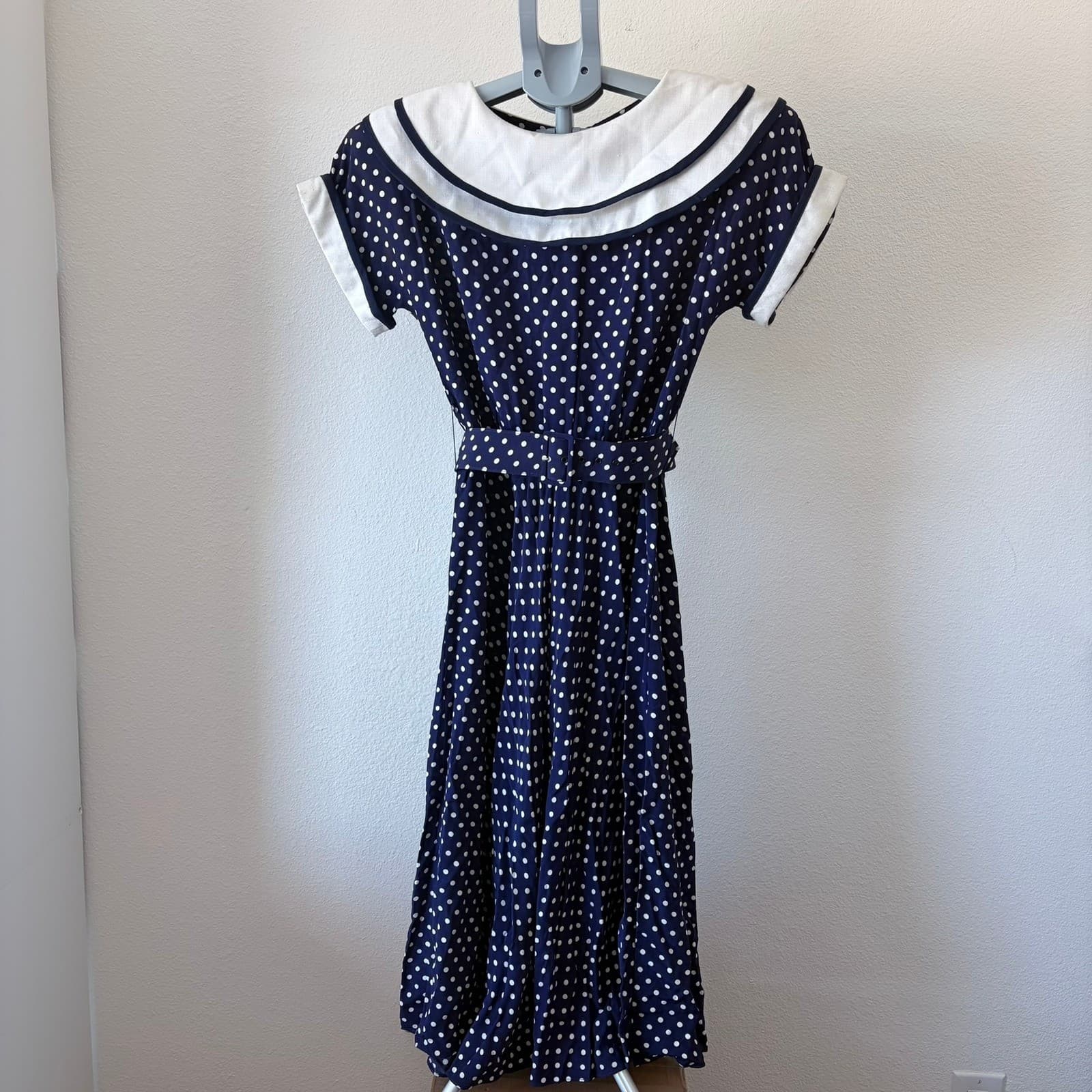 Vintage Polka Dot Sailor Dress Navy Blue White ILGWU USA Sz 6 Pin Up Rockabilly - Thumbnail 2