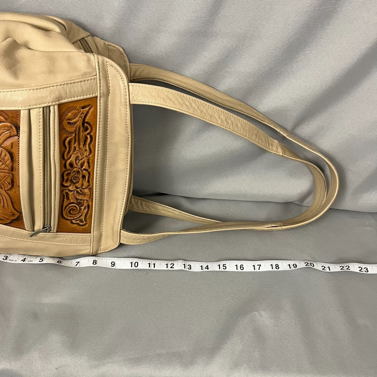 Women's Handbag Tan Brown Leather Floral Embossed Double Handle Shoulder Bag - Thumbnail 9