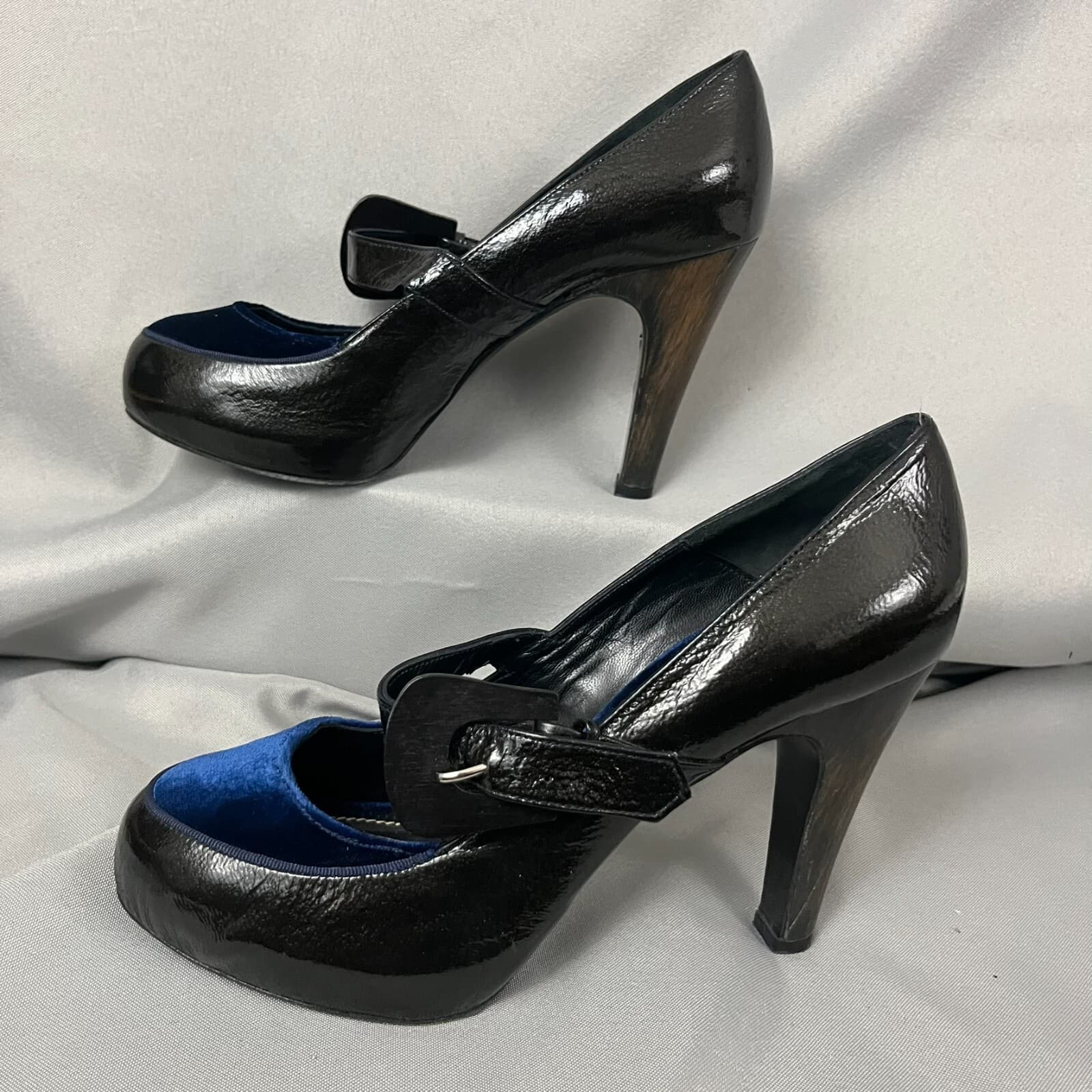 Gothic Vamp Mary Jane Shoes Women's Pump 41 Black Leather Velour Buckle Strap - Thumbnail 7