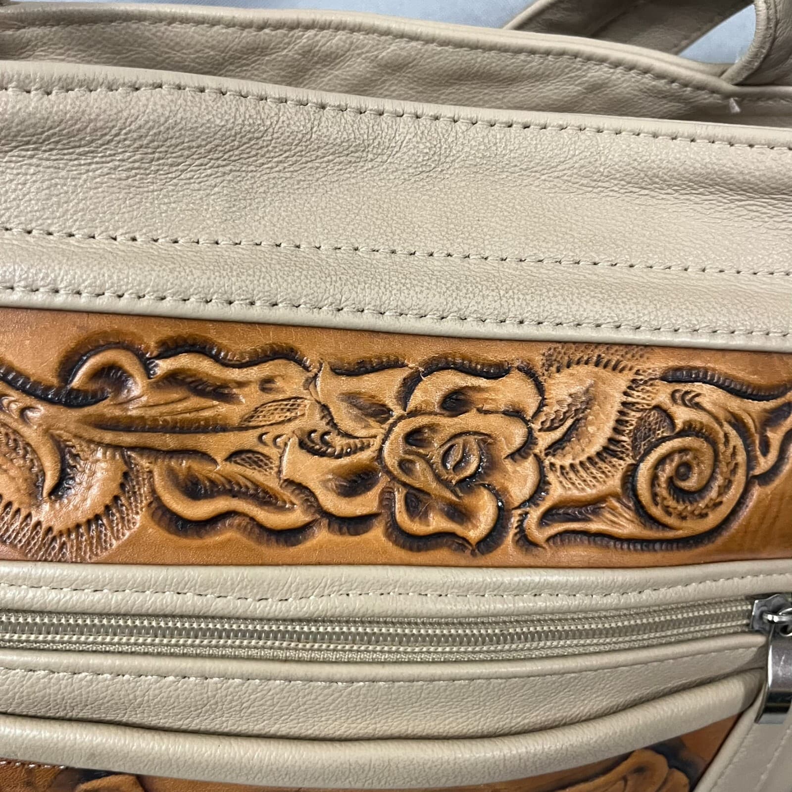 Women's Handbag Tan Brown Leather Floral Embossed Double Handle Shoulder Bag - Thumbnail 2