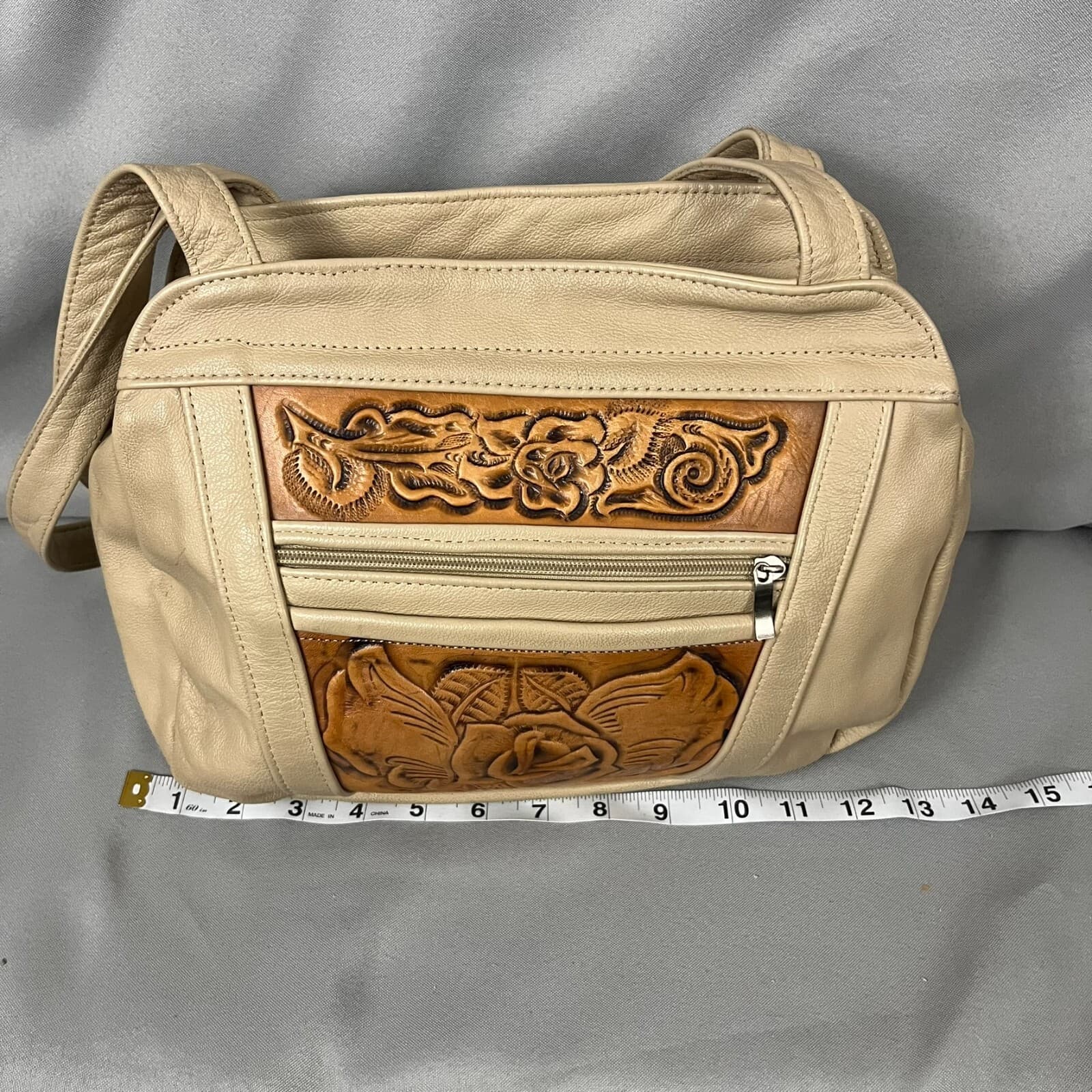 Women's Handbag Tan Brown Leather Floral Embossed Double Handle Shoulder Bag - Thumbnail 7