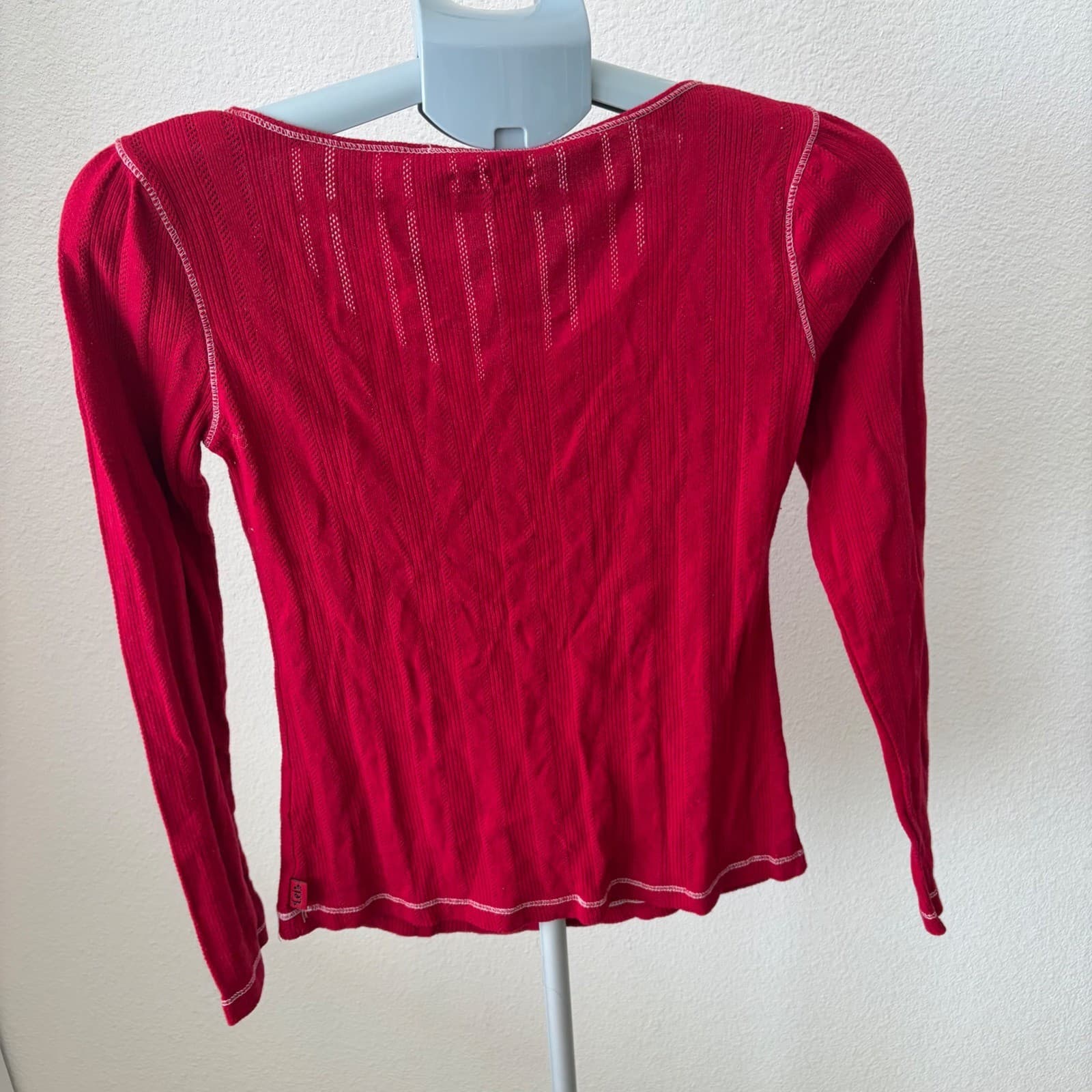 L.E.I. Pointelle Henley Top Women Junior L Red Lace Trim Contrast Stitch Y2K - Thumbnail 4