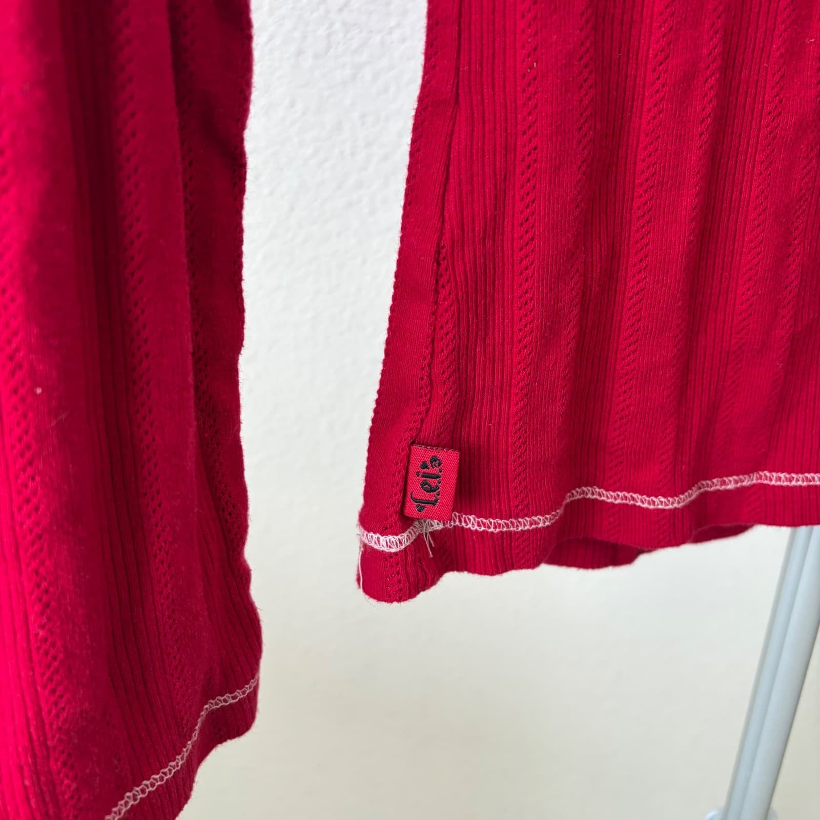 L.E.I. Pointelle Henley Top Women Junior L Red Lace Trim Contrast Stitch Y2K - Thumbnail 5