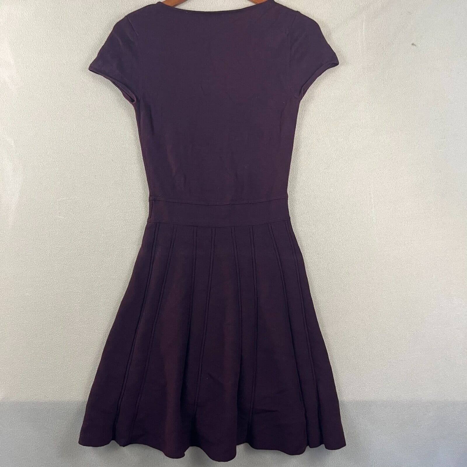Theory Women's Dress Small Petite Purple Wool Pleated V-Neck Short Sleeve Flare - Thumbnail 2