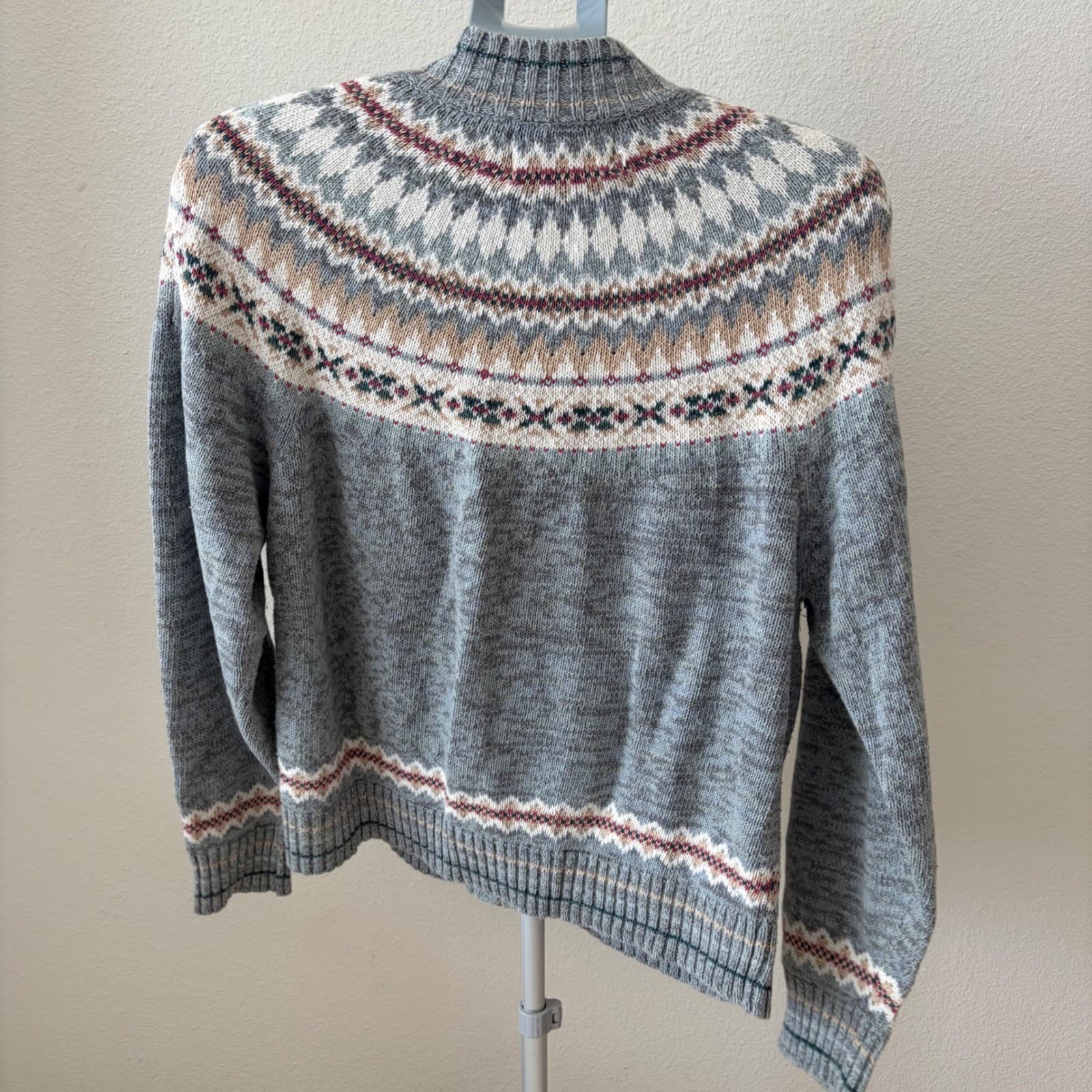 Tiara International Zip Up Cardigan Women Large Gray Fair Isle Nordic Sweater - Thumbnail 2