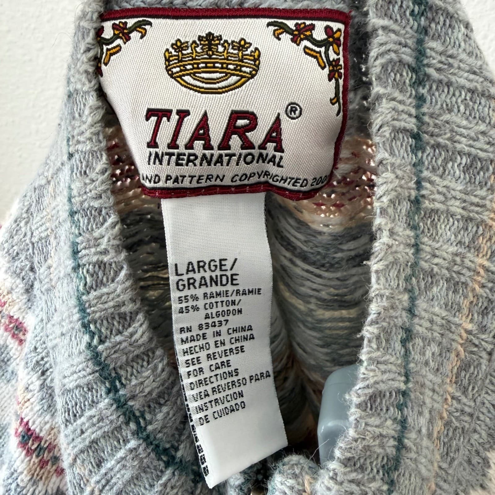 Tiara International Zip Up Cardigan Women Large Gray Fair Isle Nordic Sweater - Thumbnail 3